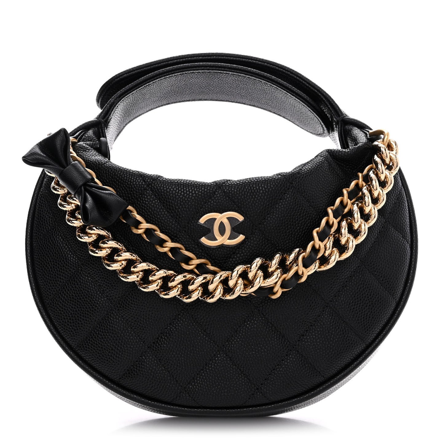 Shiny Caviar Quilted Bow Pouch Hobo Black