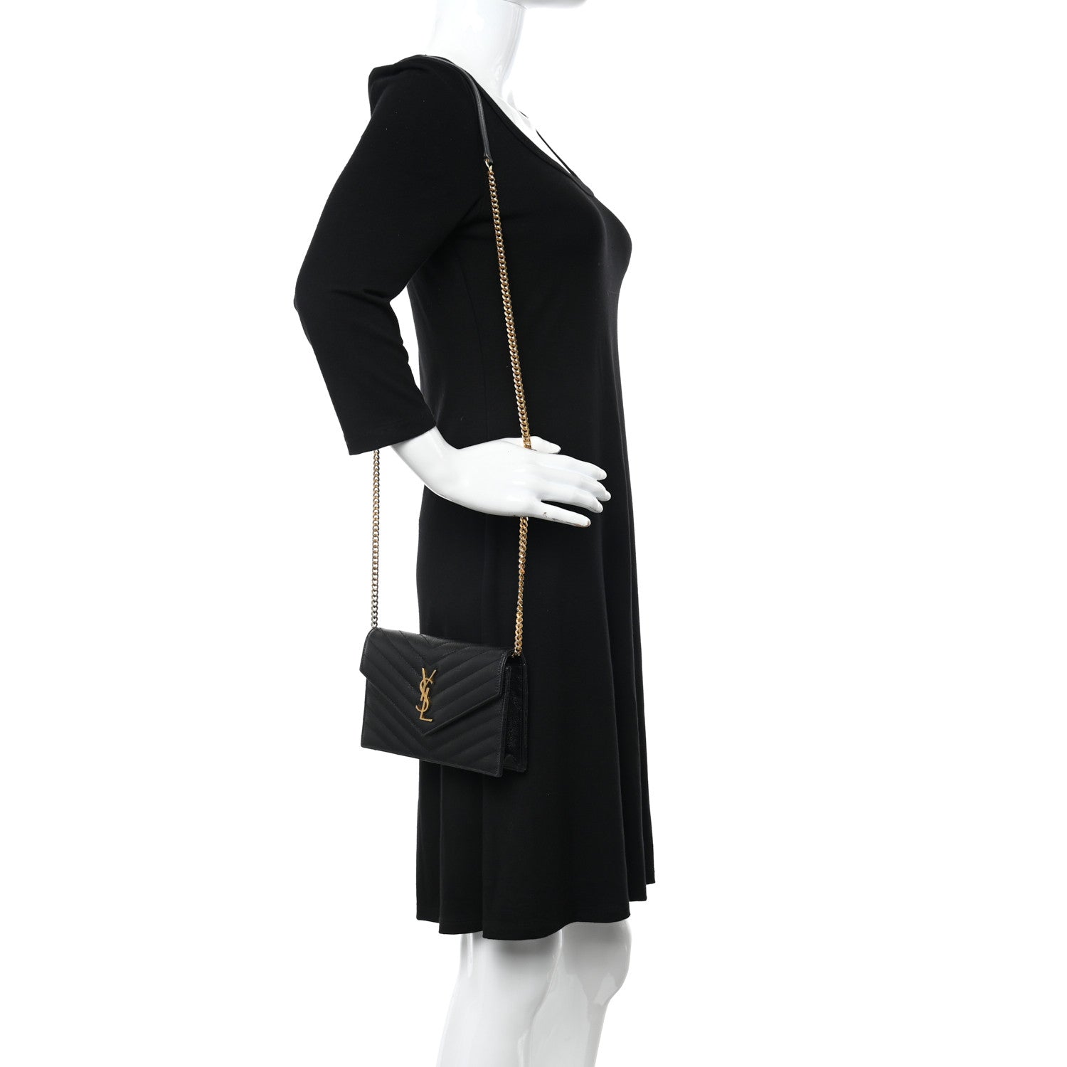 Saint Laurent Grain De Poudre Matelasse Chevron Monogram Envelope Chain Wallet Black 2 of 9