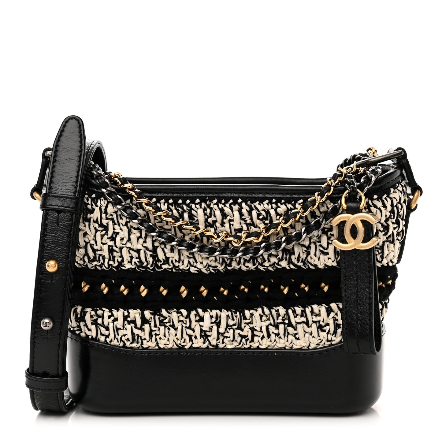 Cotton Raffia Calfskin Small Gabrielle Hobo Black White