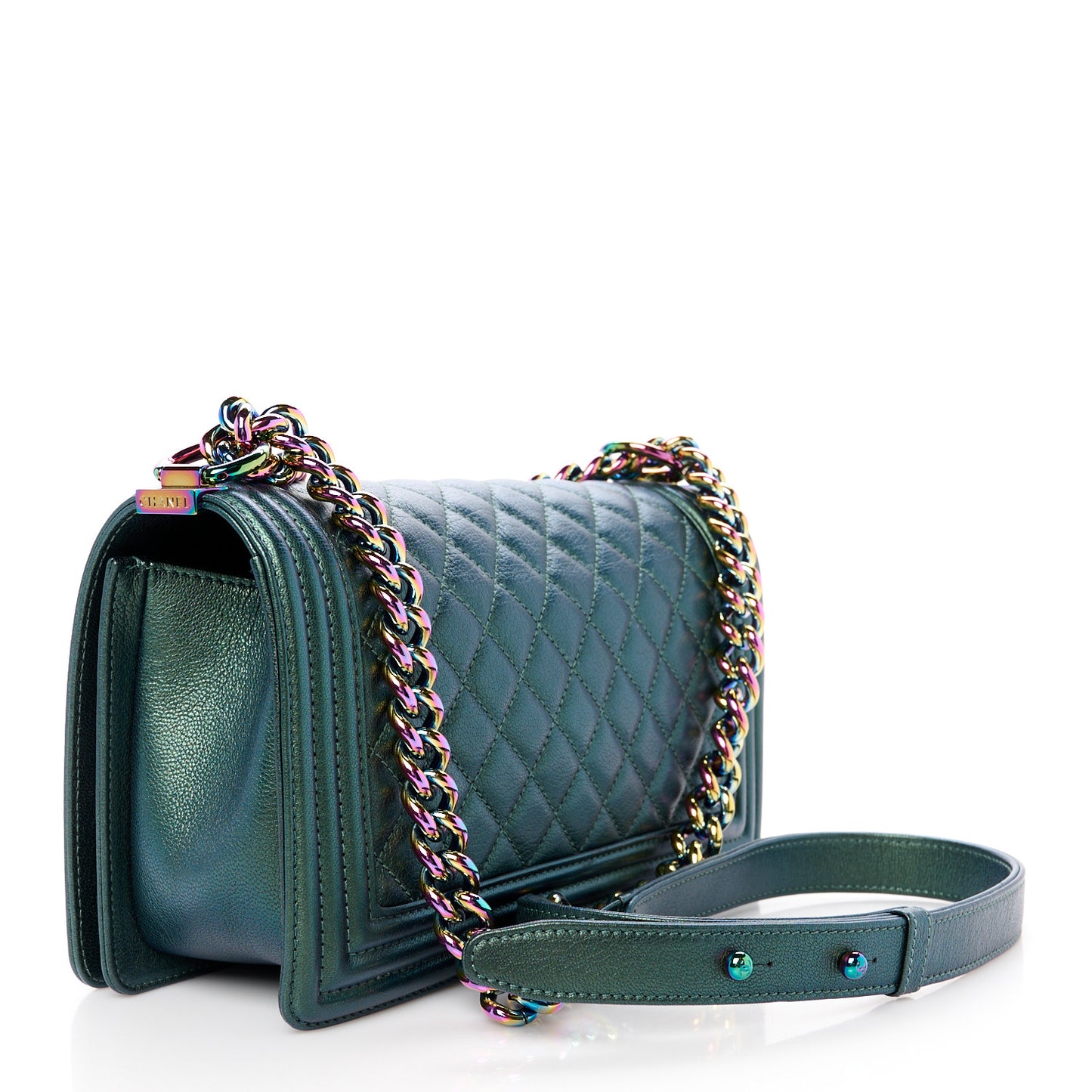 Iridescent Goatskin Quilted Medium Boy Flap Green
