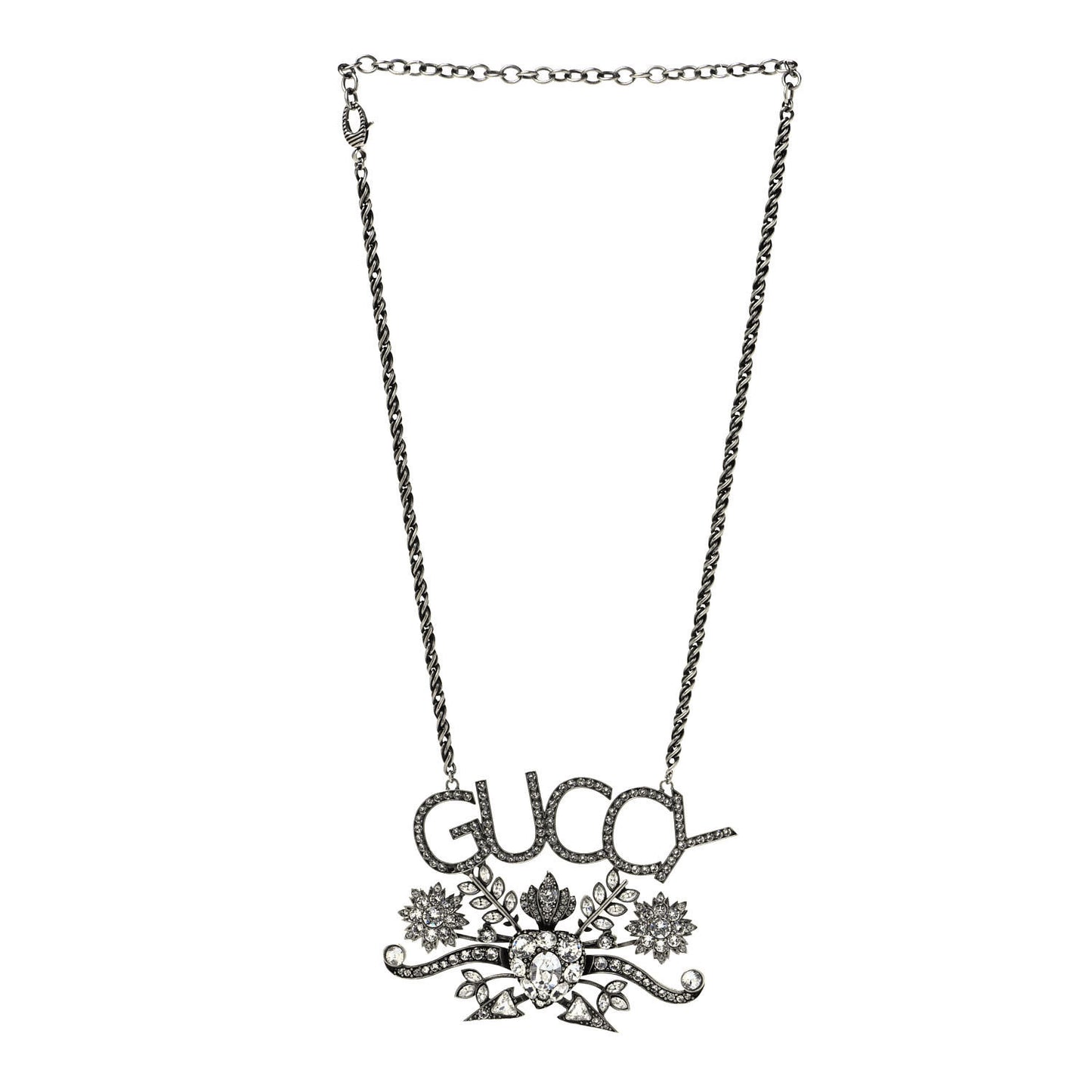 Metal Crystal Guccy Necklace Aged Silver