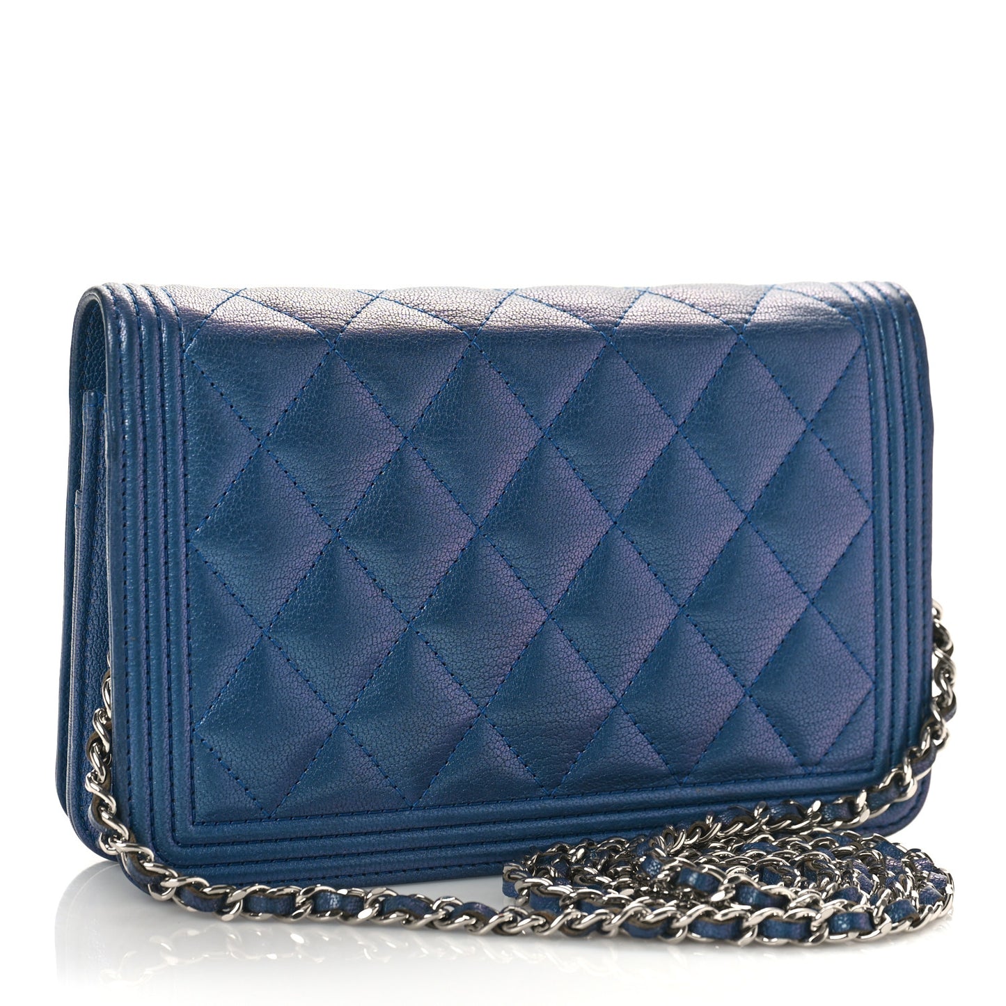 Iridescent Goatskin Quilted Boy Wallet On Chain WOC Blue