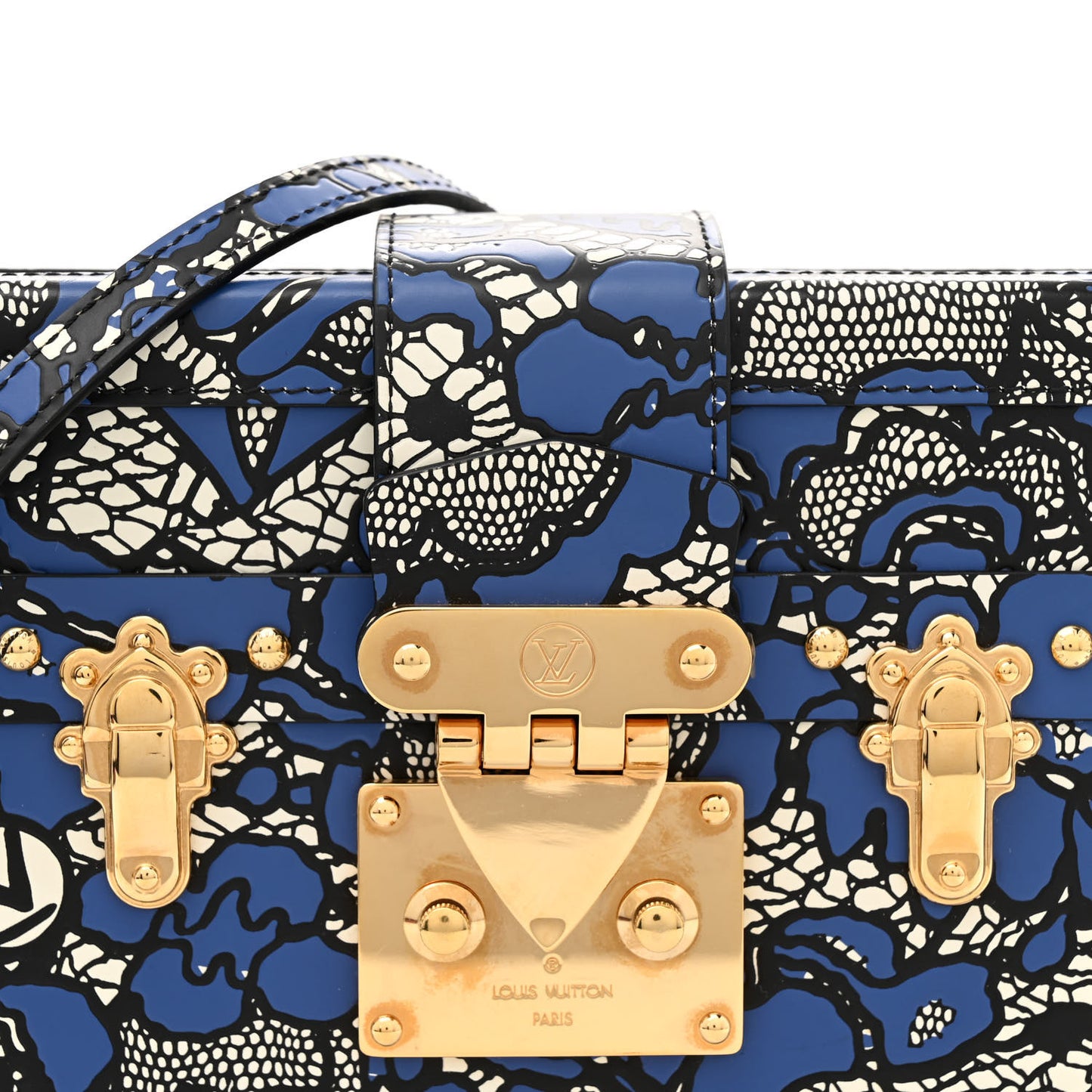 Calfskin Lace Flower Inlay Petite Malle Navy Black
