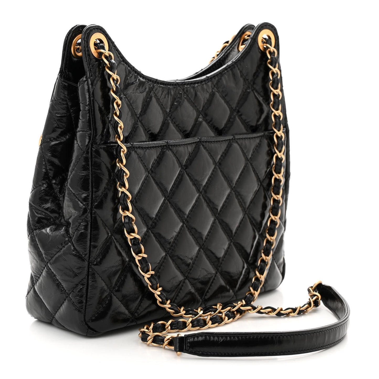 Shiny Crumpled Calfskin Quilted Wavy CC Hobo Black