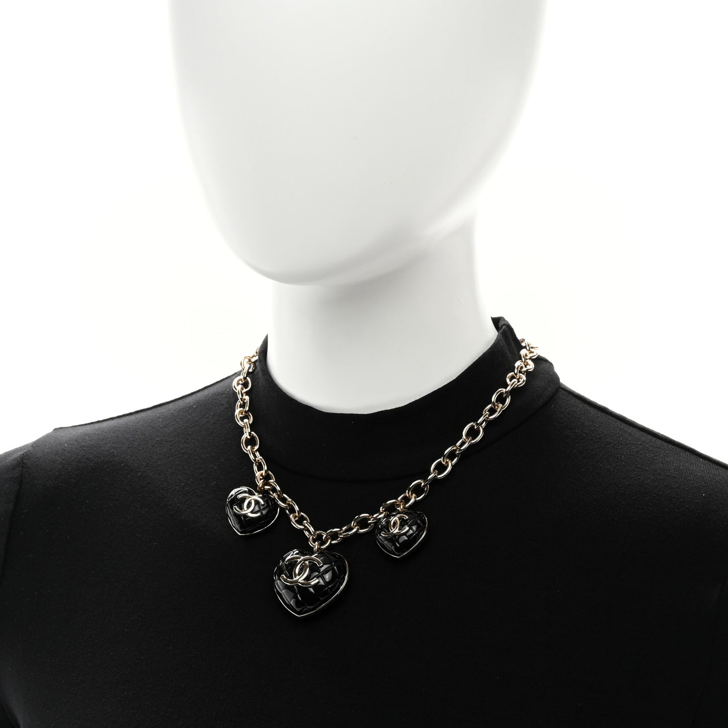 Metal Lambskin Resin Quilted CC Heart Necklace Black Gold