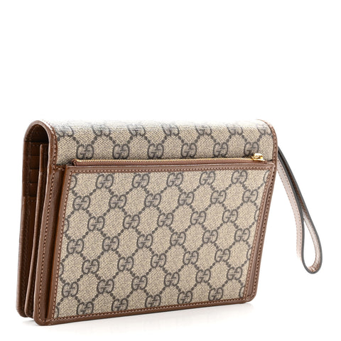 GG Supreme Monogram Azalea Calfskin Horsebit 1955 Wrist Wallet Beige Ebony Brown Sugar
