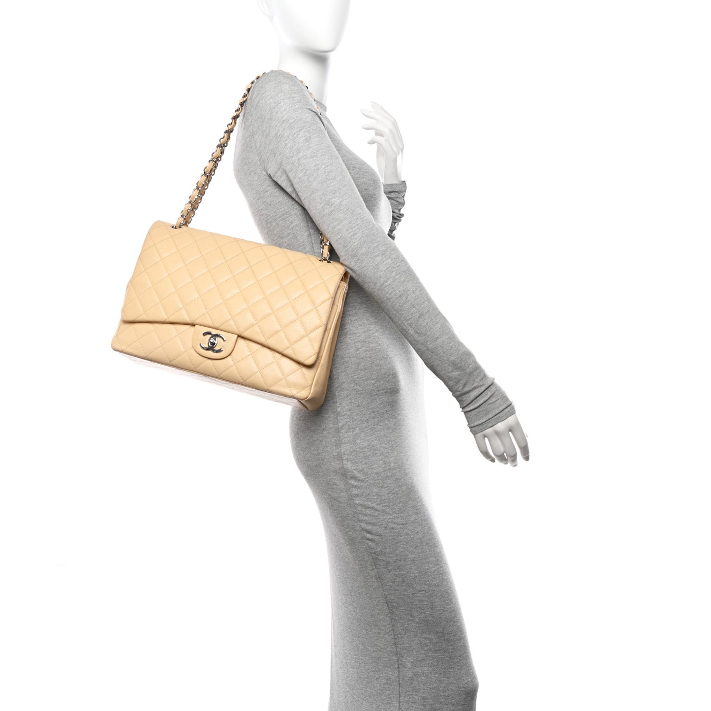 Caviar Quilted Maxi Double Flap Light Beige
