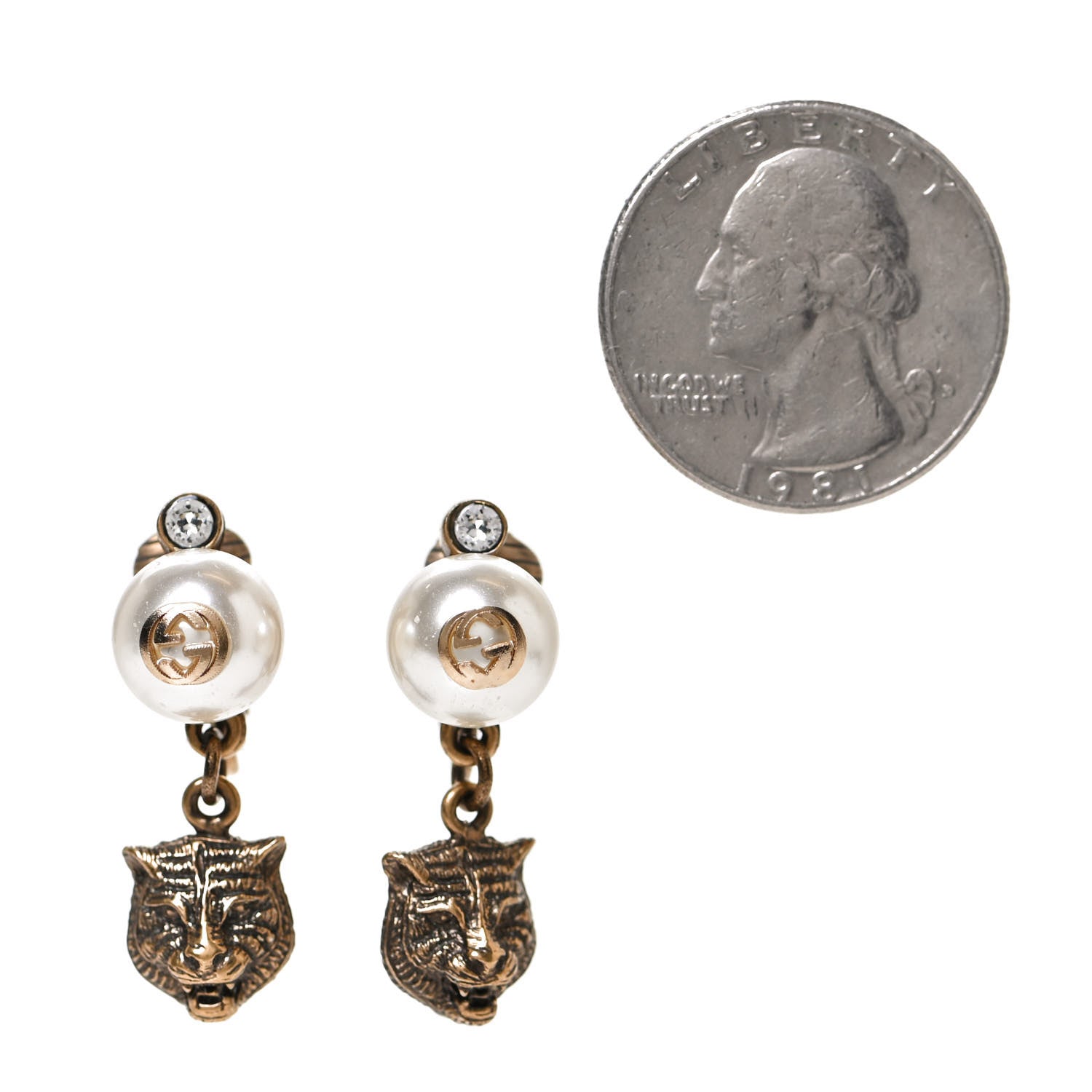 Gucci Metal Crystal Resin Pearl Feline Clip On Earrings Aged Gold 2 of 5