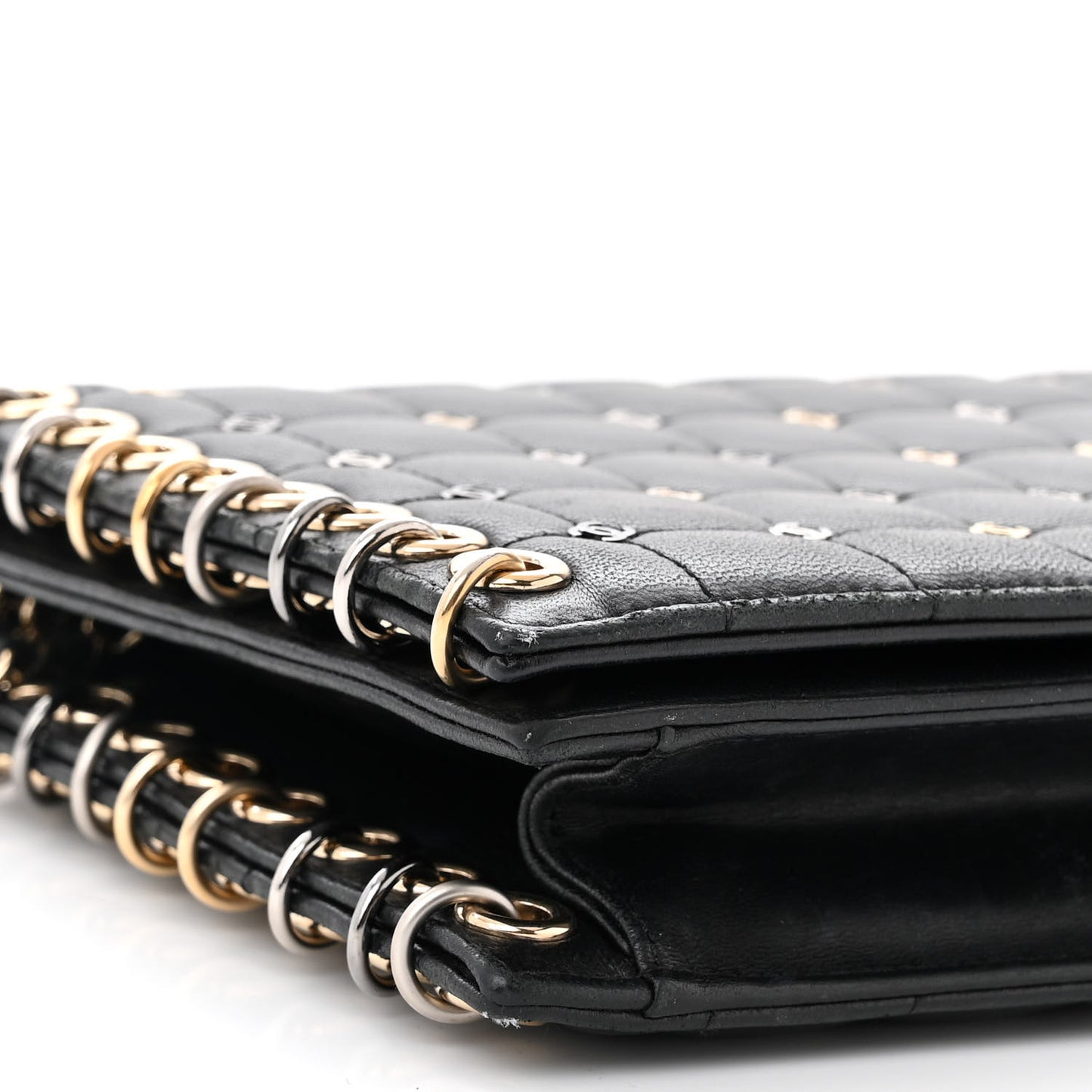 Lambskin Chocolate Bar Piercing CC Studded Small Chain Flap Bag Black