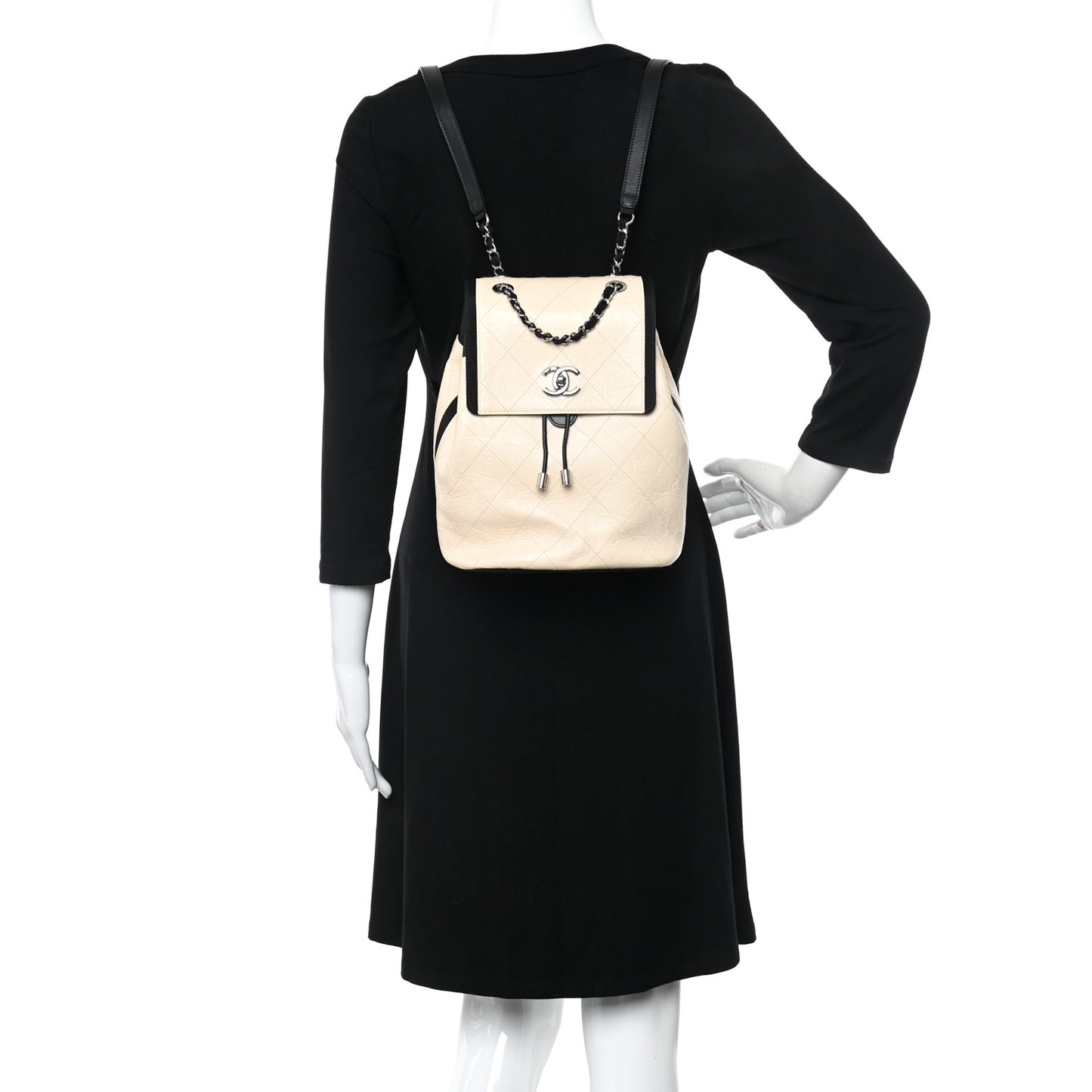 Crumpled Grained Calfskin Quilted Backpack Beige Ivory Black