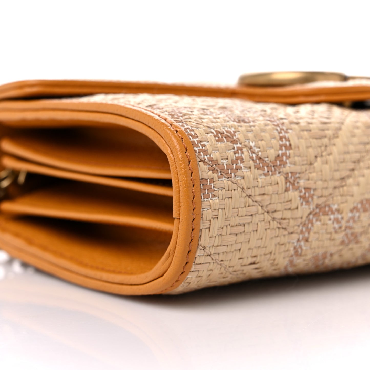 Raffia GG Monogram Matelasse GG Marmont Chain Wallet Natural Beige Off White Sun Oil