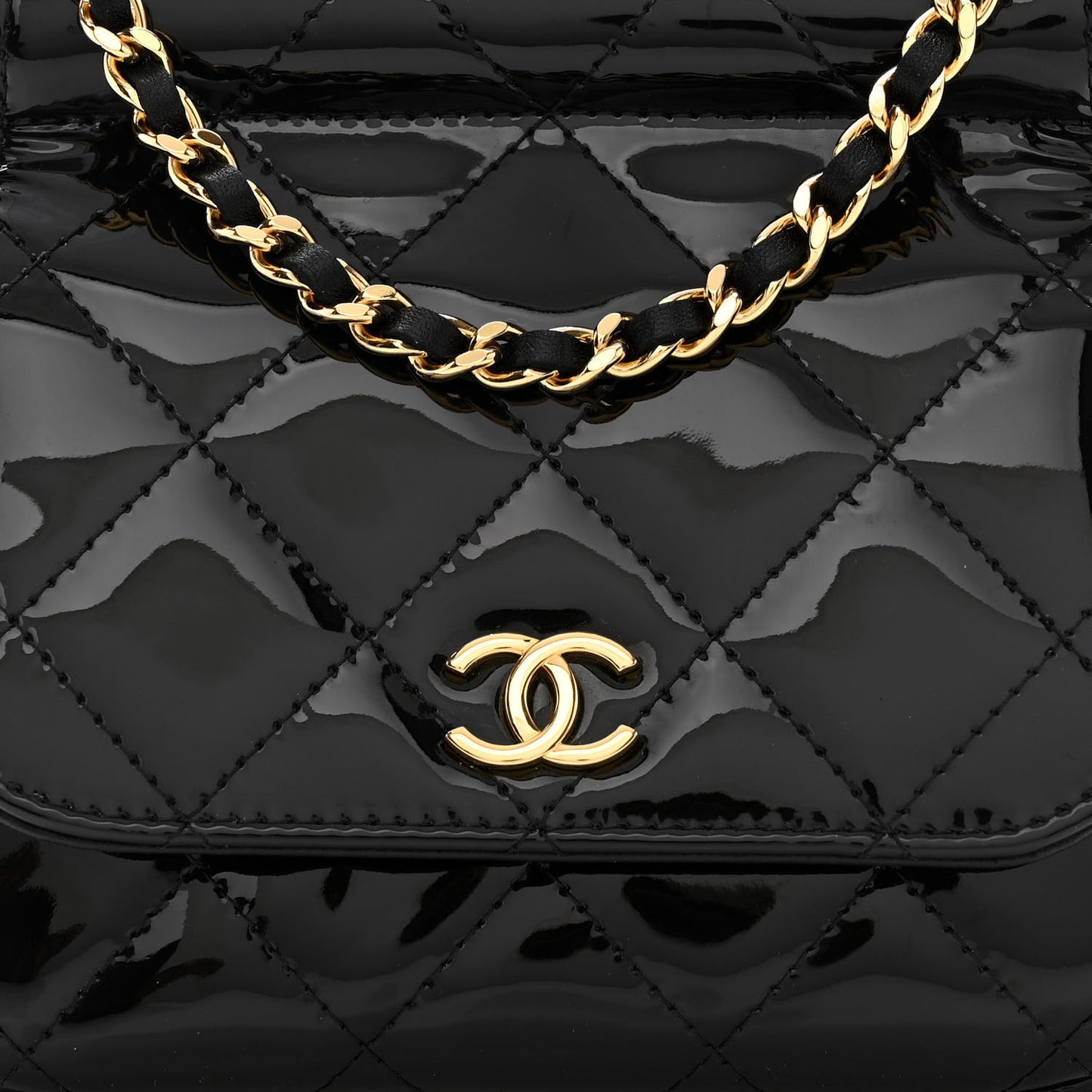 Patent Quilted Frame Clutch Flap With Chain Black