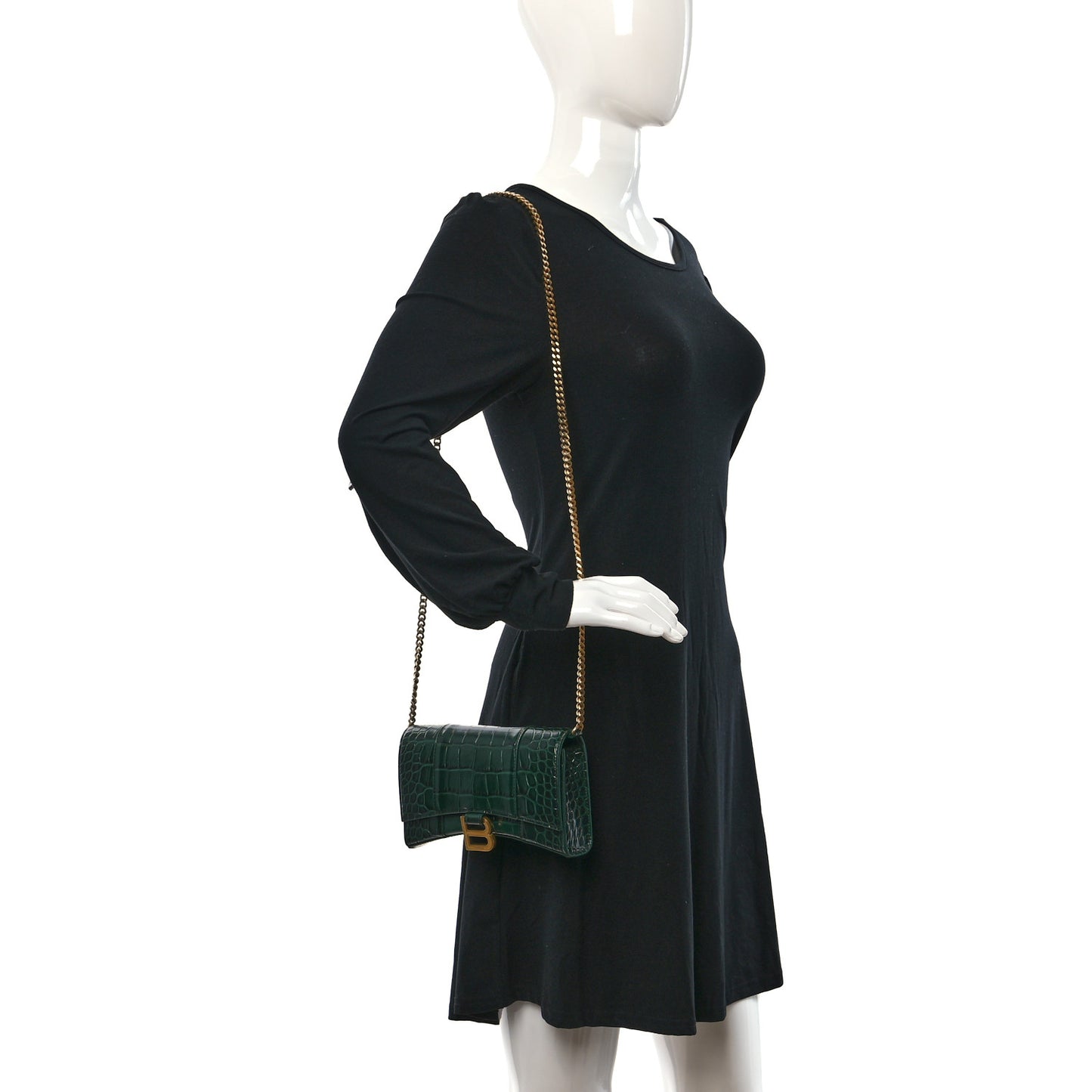 Shiny Calfskin Crocodile Embossed Hourglass Chain Bag Forest Green