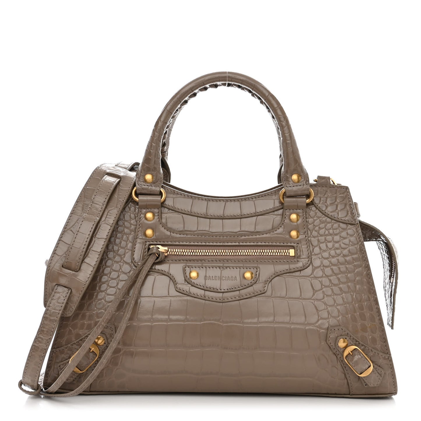 Shiny Supple Calfskin Crocodile Embossed Neo Classic Gold Hardware S City Mink Grey