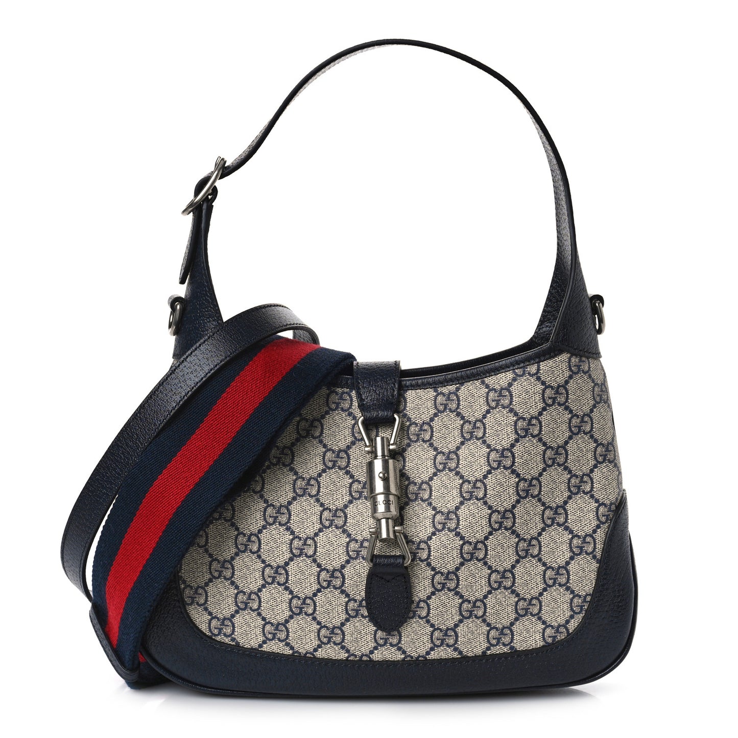 GG Supreme Monogram Textured Dollar Calfskin Web Small Jackie 1961 Hobo Beige Blue