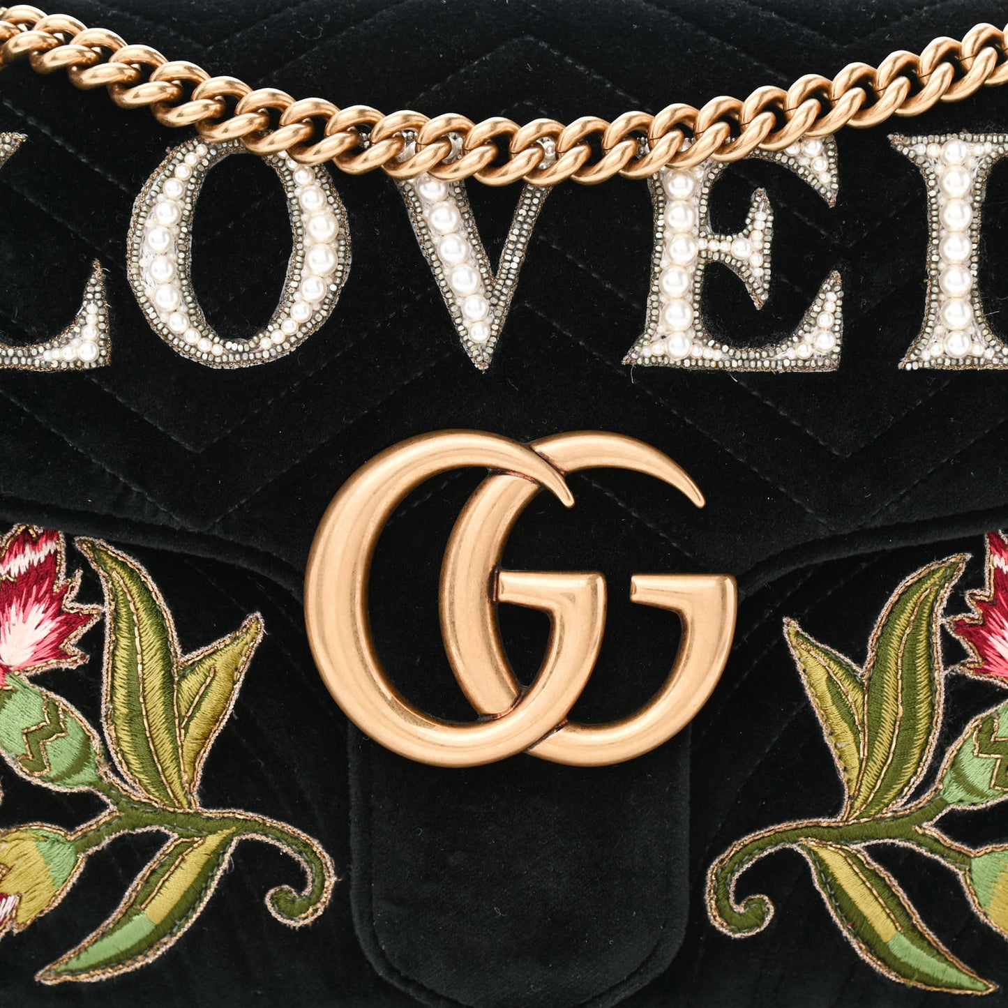 Velvet Matelasse Loved Embroidered Medium GG Marmont Shoulder Bag Black