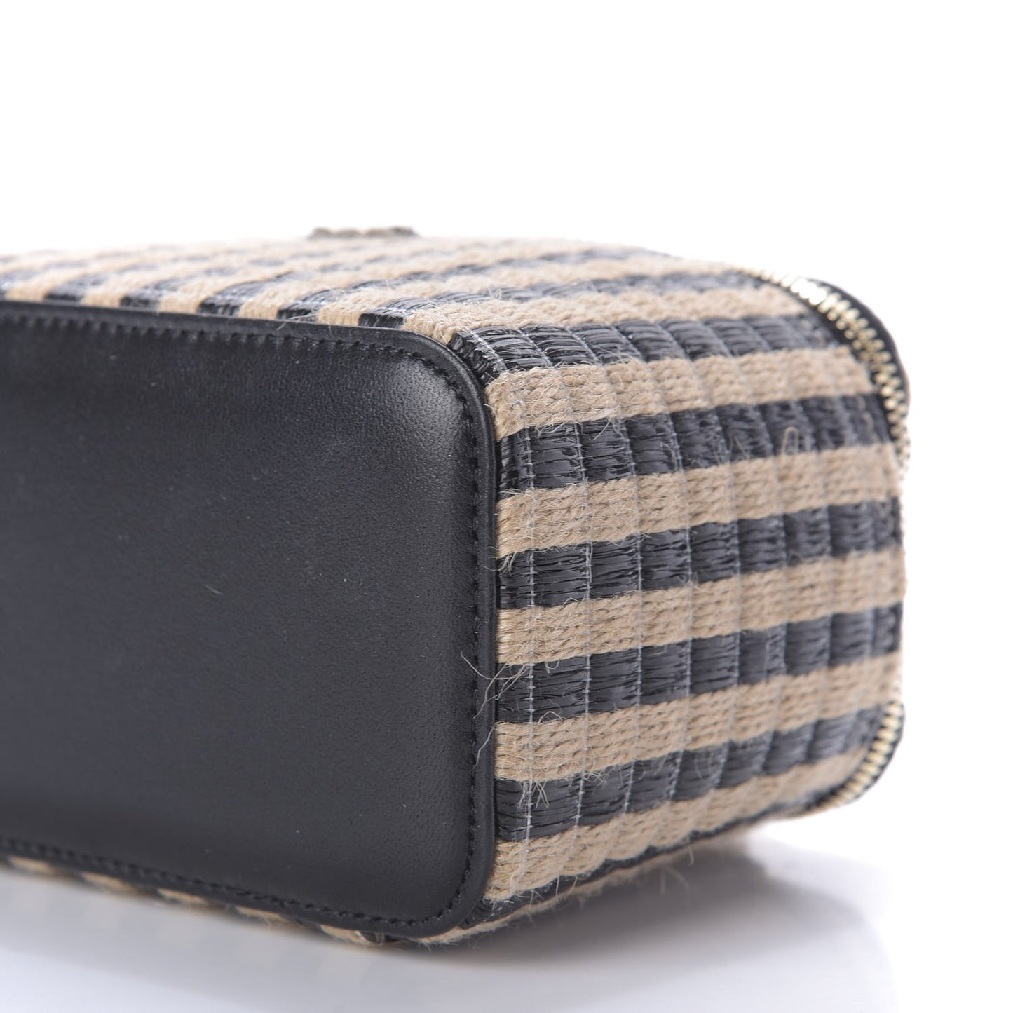 Raffia Jute Striped Small Vanity Case With Chain Black Beige