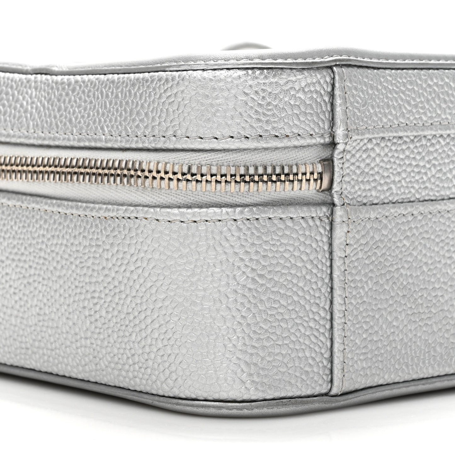 Metallic Caviar Quilted Medium CC Filigree Vanity Case Silver