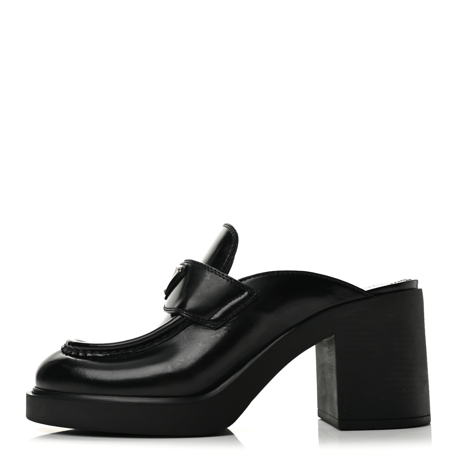 Prada Spazzolato Metal Triangle Logo Platform Loafer Mules 38.5
