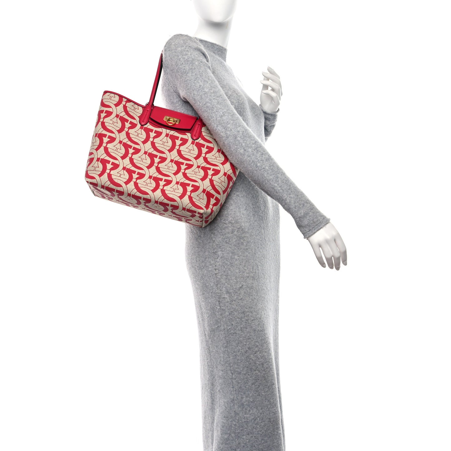 Canvas Calfskin Gancini Tote Red Beige