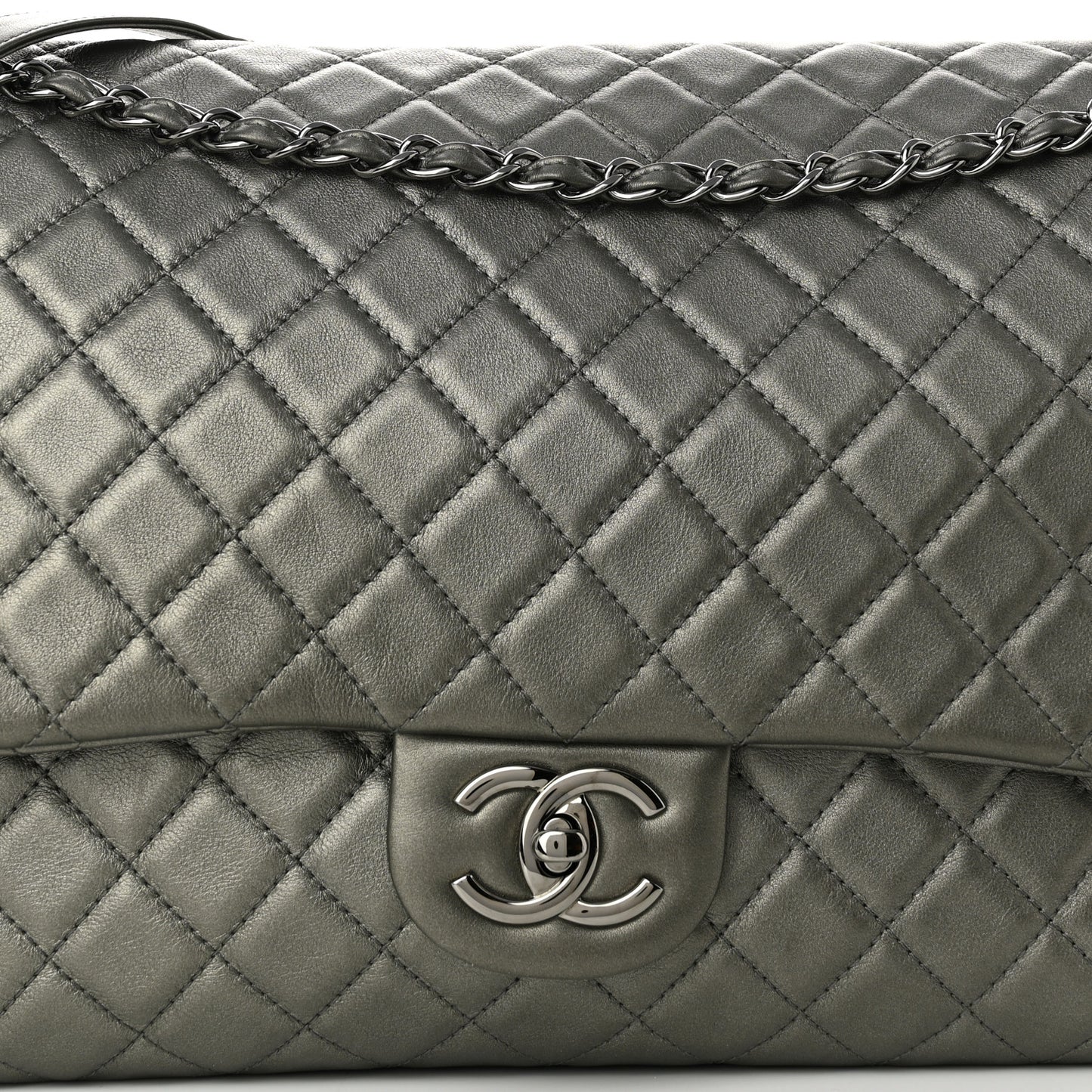Metallic Calfskin Quilted XXL Travel Flap Bag Dark Silver