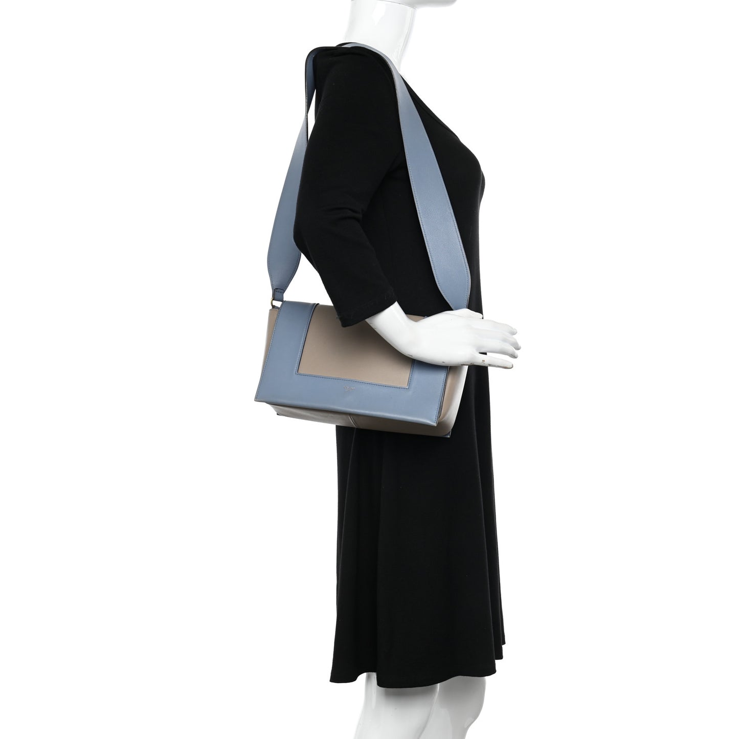 Shiny Smooth Calfskin Medium Frame Shoulder Bag Blue Light Taupe