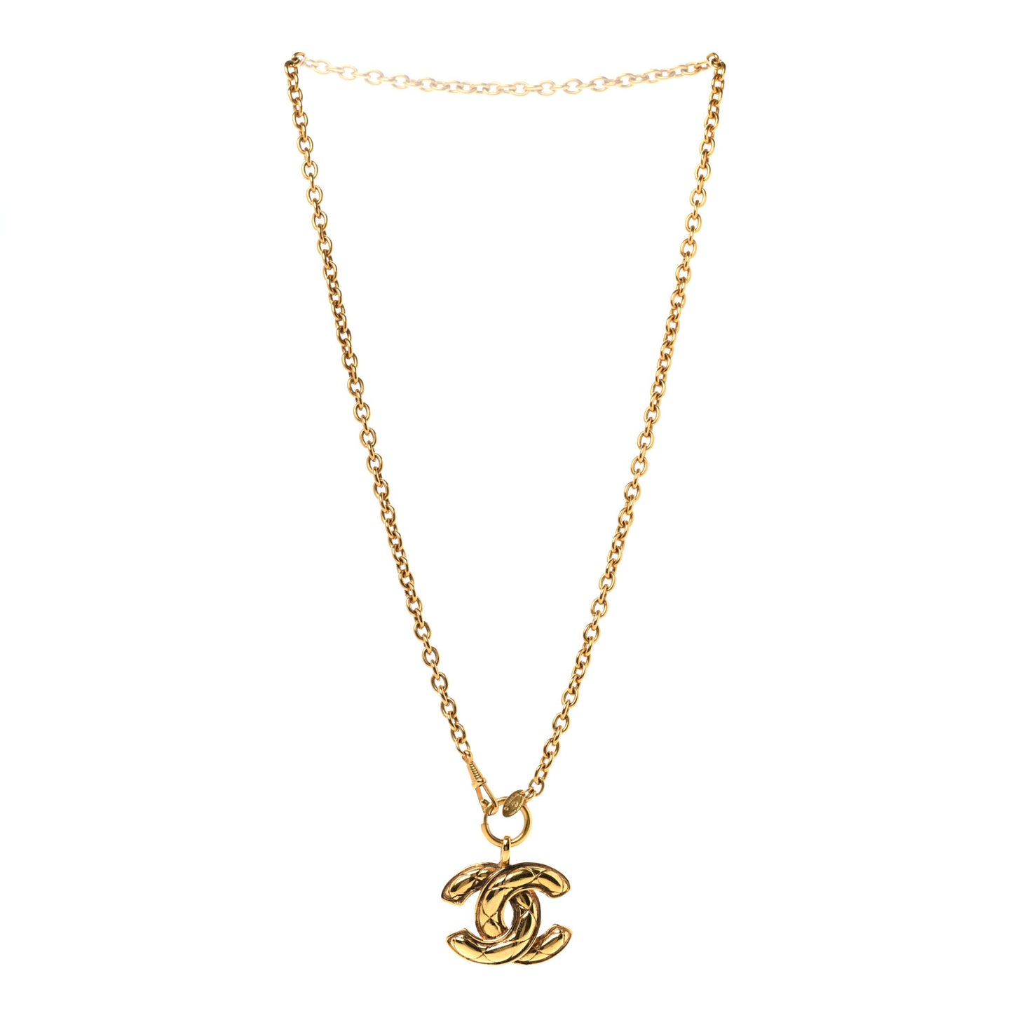 Metal Quilted CC Long Necklace Gold