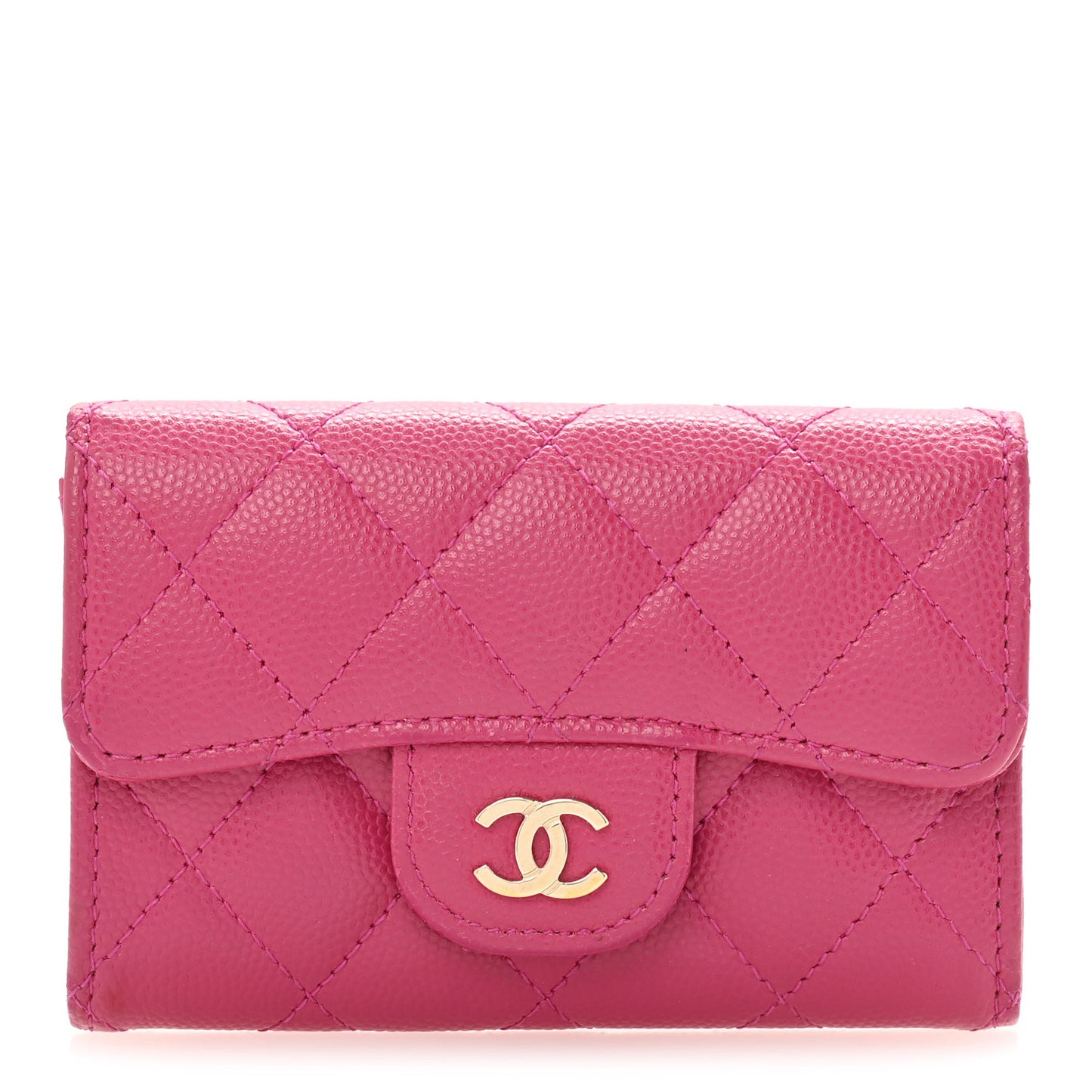 Caviar Quilted Flap Card Holder Wallet Dark Pink