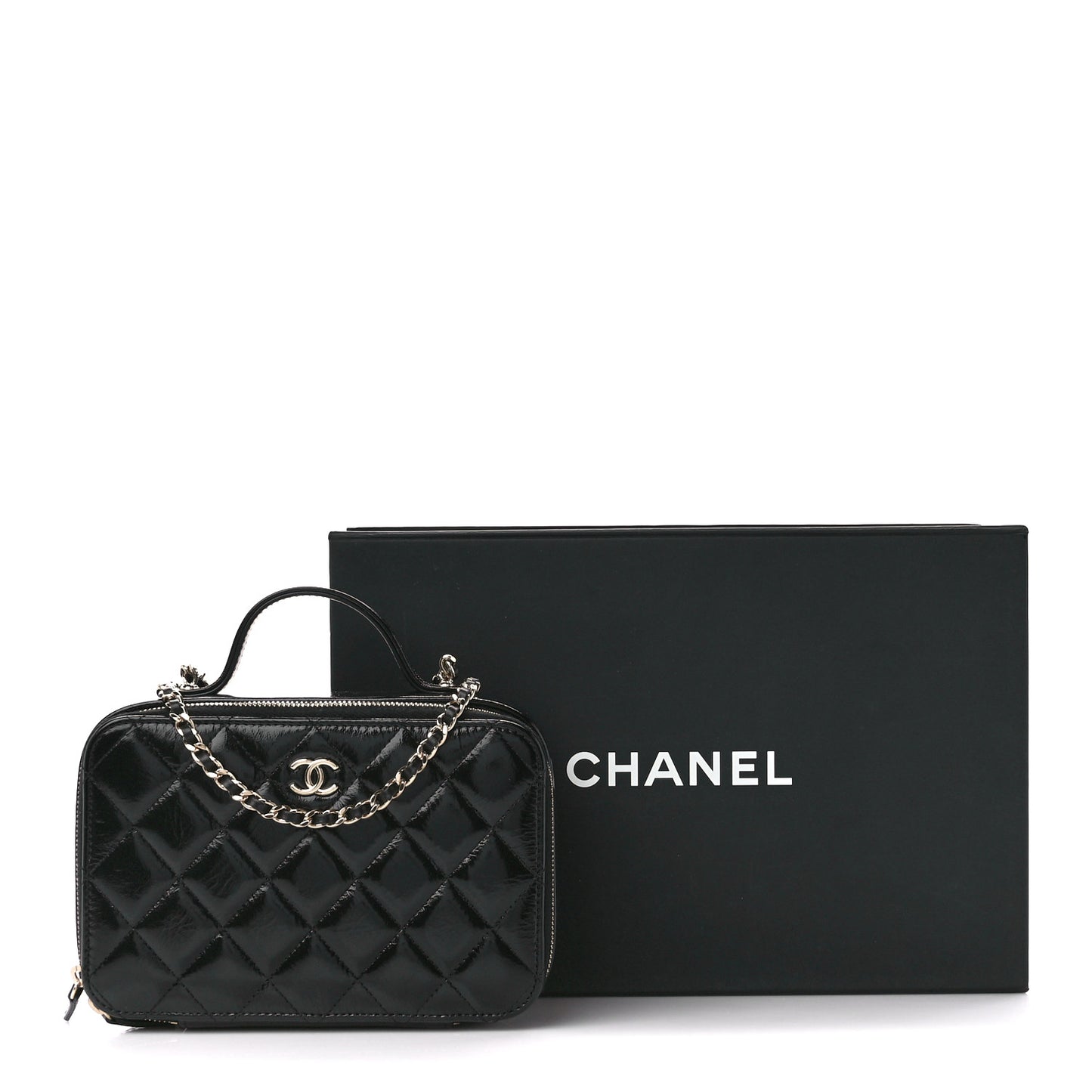 Shiny Lambskin Quilted CC Vanity Case Black