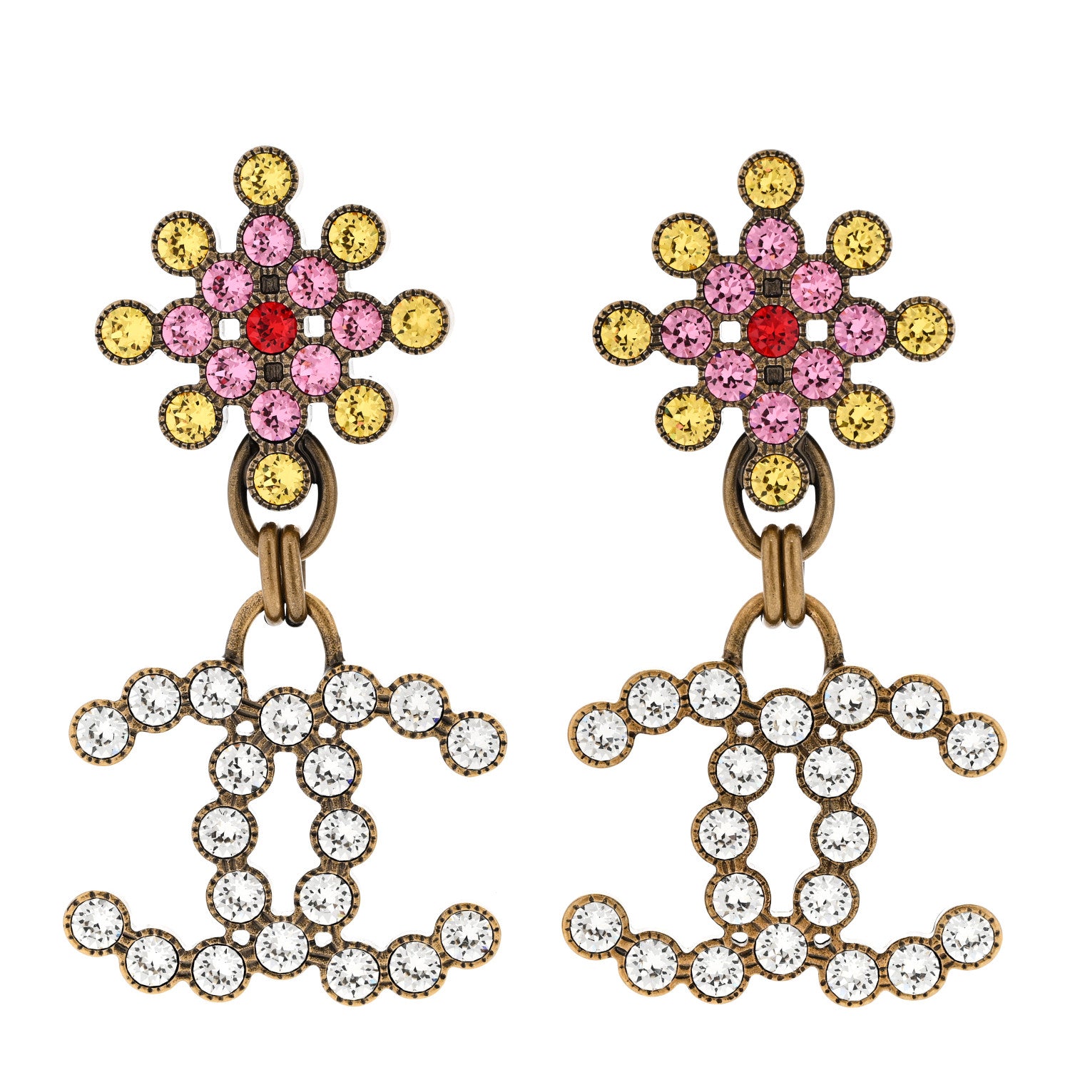Chanel Metal Crystal City Of Lights Flower Drop Earrings Gold Multicolor 1 of 4