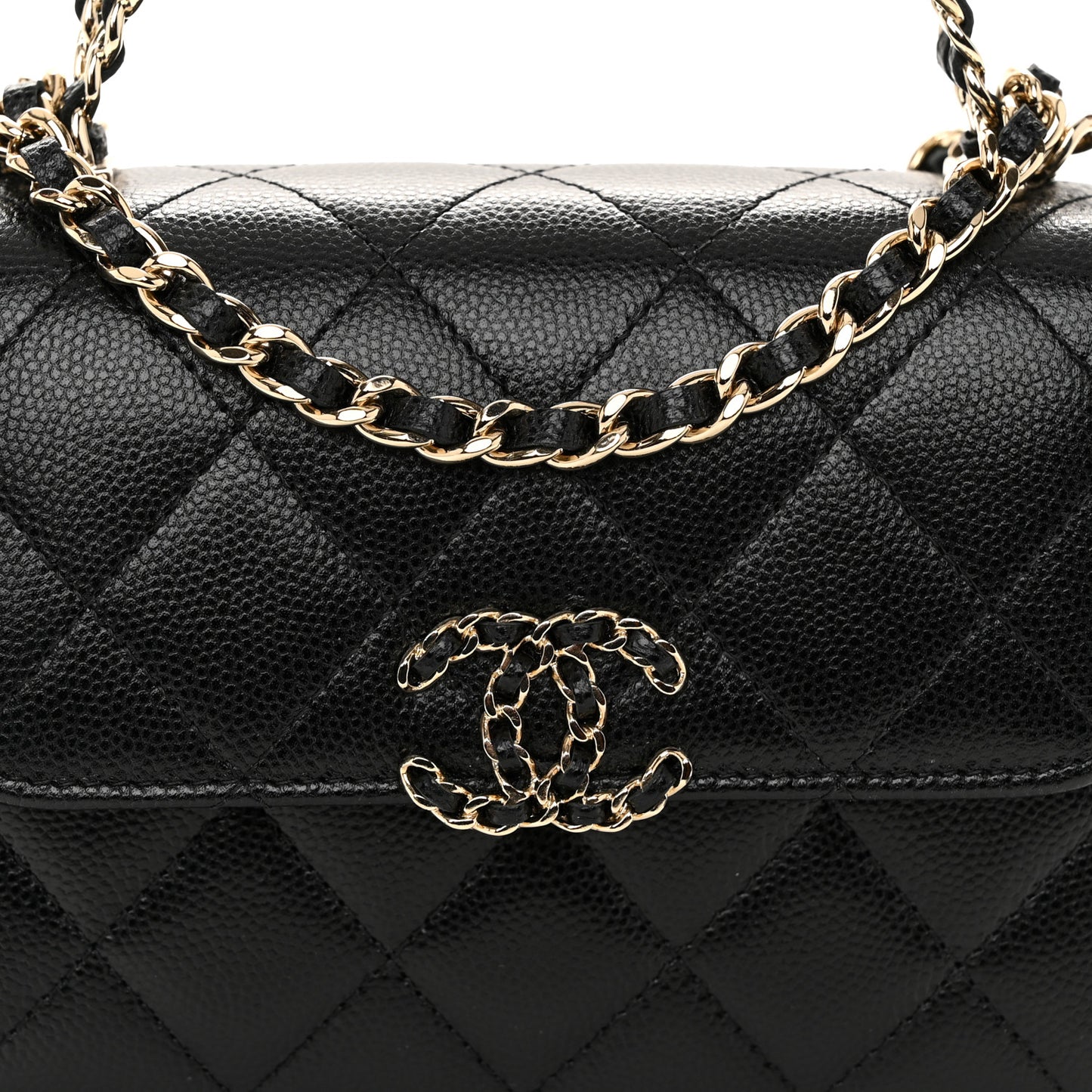 Caviar Quilted Double Chain Top Handle Flap With Chain Black