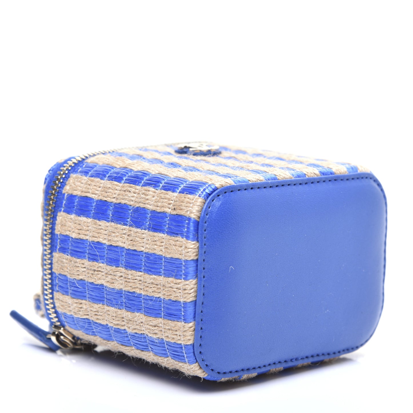 Raffia Jute Striped Mini Vanity Case With Chain Blue Beige