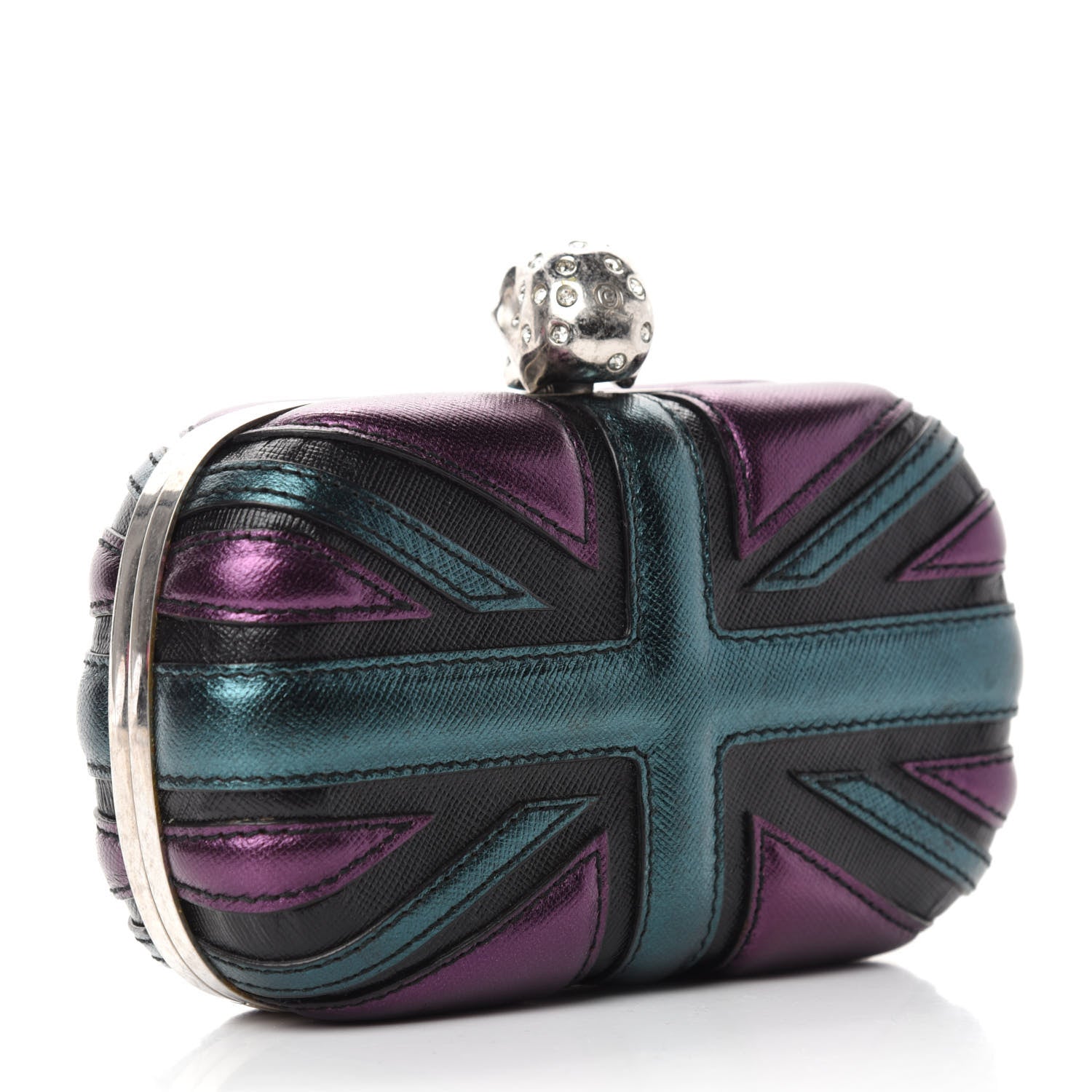 Alexander McQueen Metallic Saffiano Britannia Skull Box Clutch Green Black Purple 3 of 10