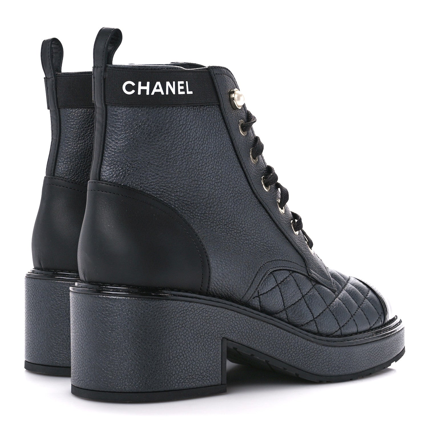 Chanel Pearly Calfskin Patent Calfskin Lace Up Combat Boots 36.5 Black 4 of 10