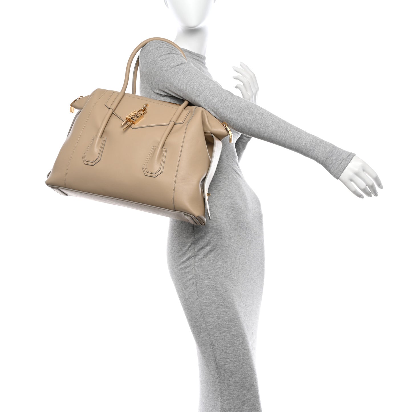 Smooth Calfskin Medium Antigona Soft Lock Duffle Bag Beige