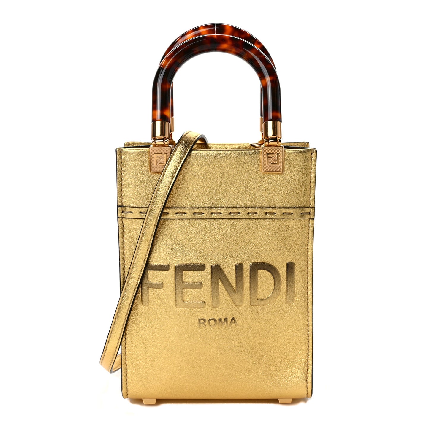 Vitello Catalan Mirror Plexiglass Mini Fendi Sunshine Shopper Tote Gold