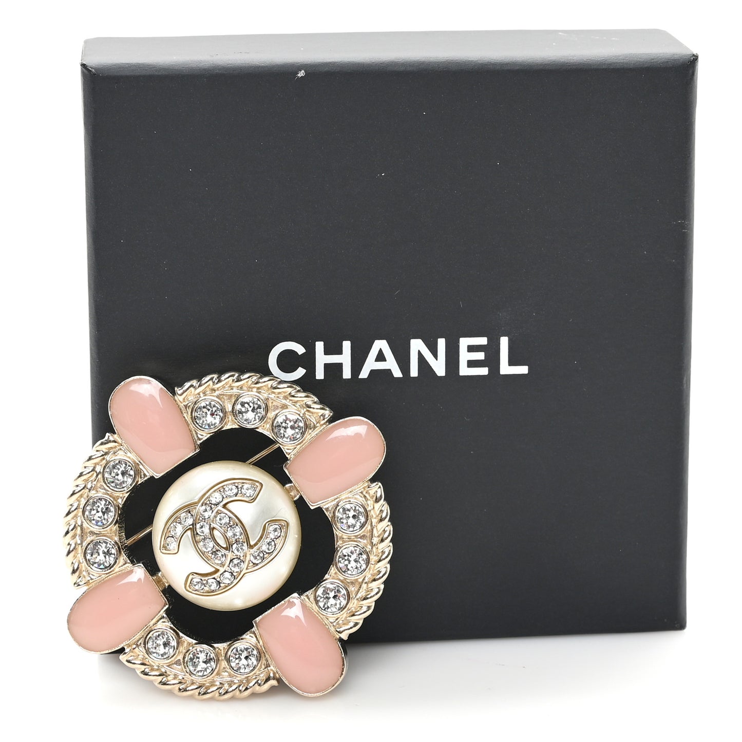 Crystal Pearl Enamel CC Brooch Gold Pink
