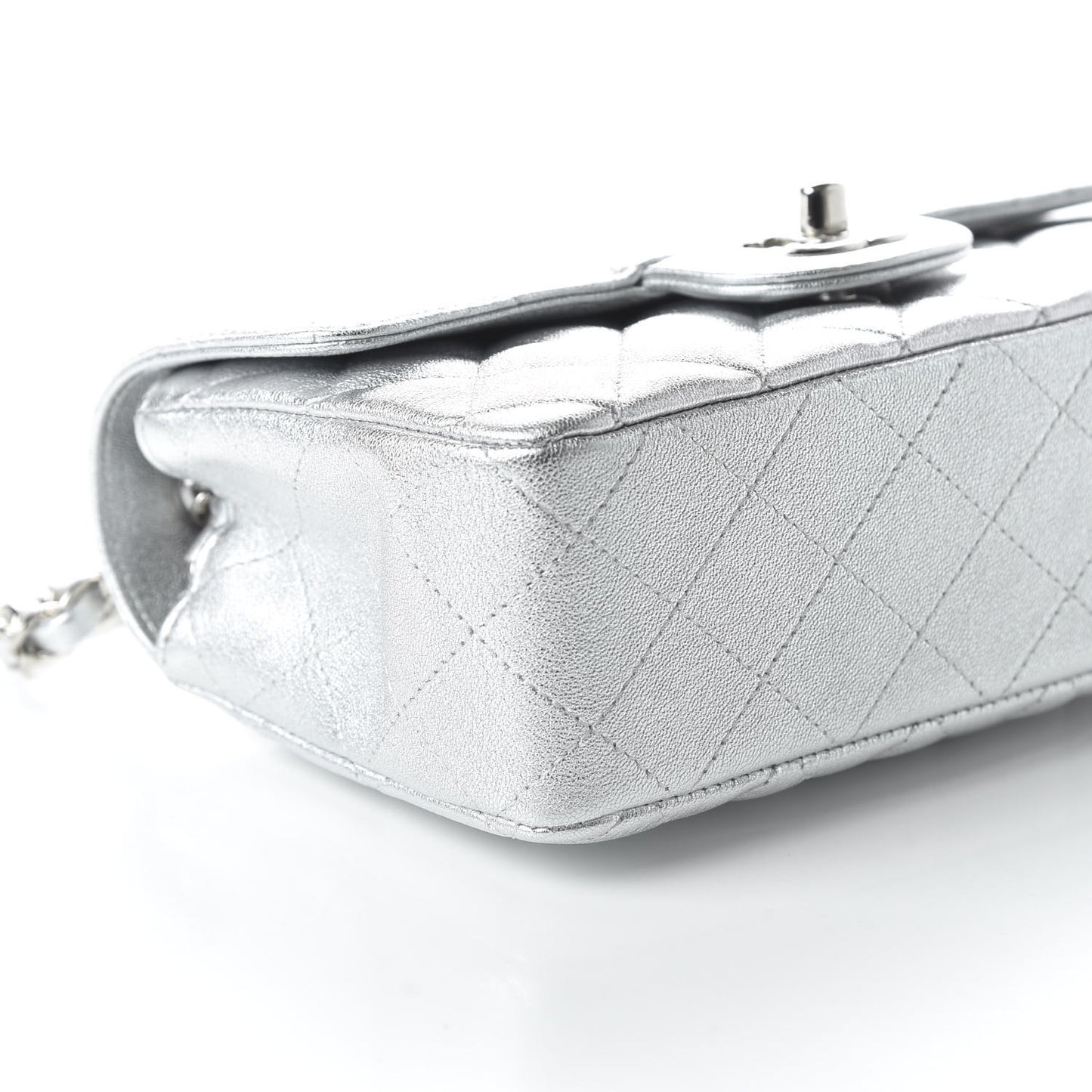 Metallic Lambskin Quilted Mini Rectangular Flap Silver