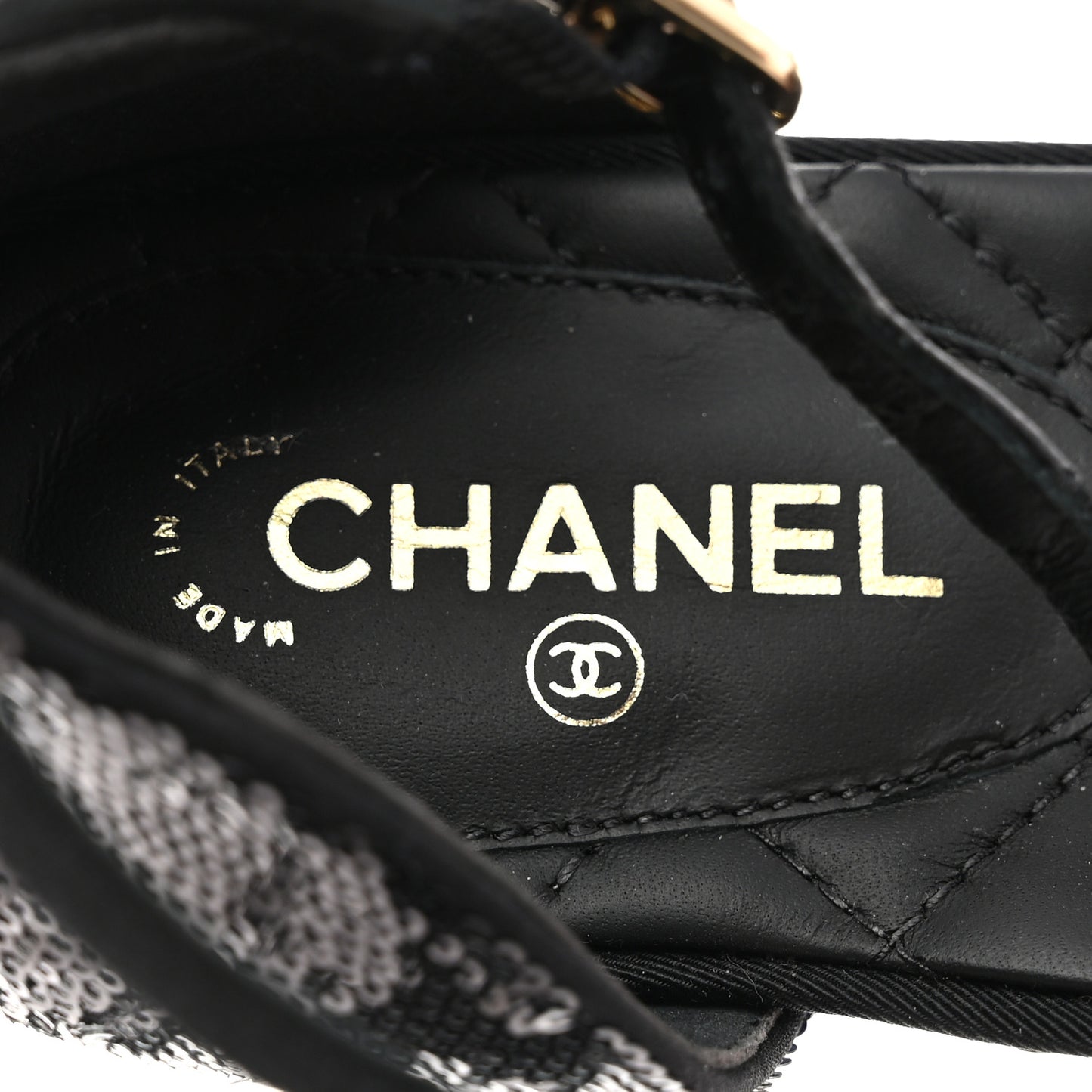 Sequin Grosgrain CC Cap Toe Ankle Flat 37 Black