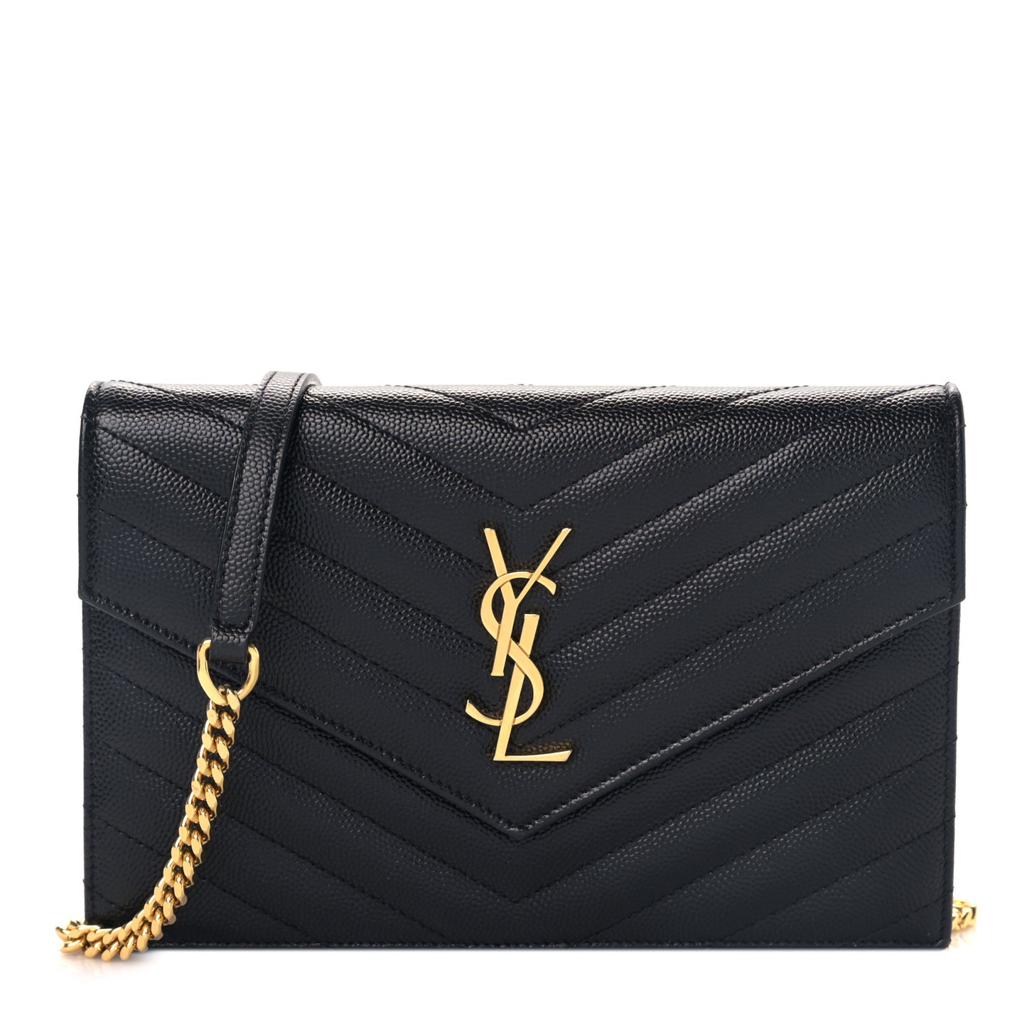 Grain De Poudre Matelasse Chevron Monogram Envelope Chain Wallet Black