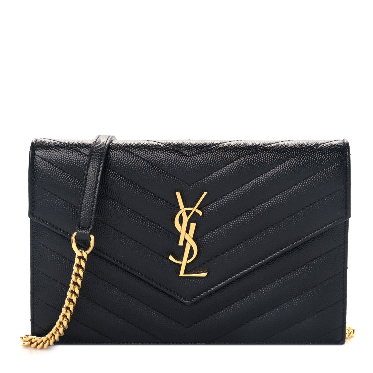 Saint Laurent Grain De Poudre Matelasse Chevron Monogram Envelope Chain Wallet Black 1 of 9