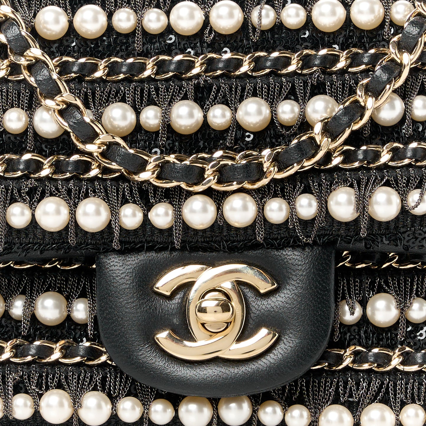 Lambskin Sequin Pearl Chain Fringe Mini Flap Black