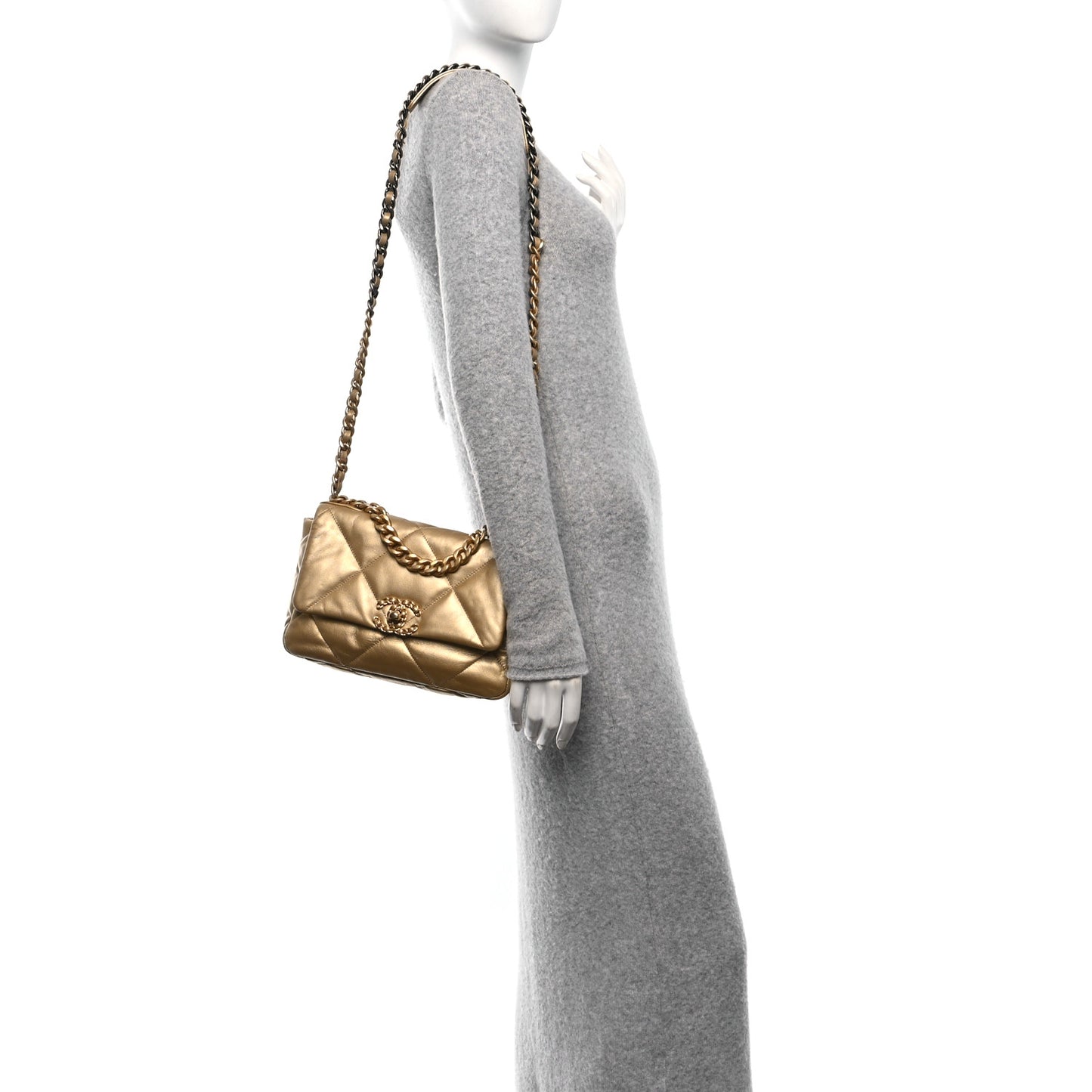 Metallic Goatskin Quilted Medium Chanel 19 Flap Gold