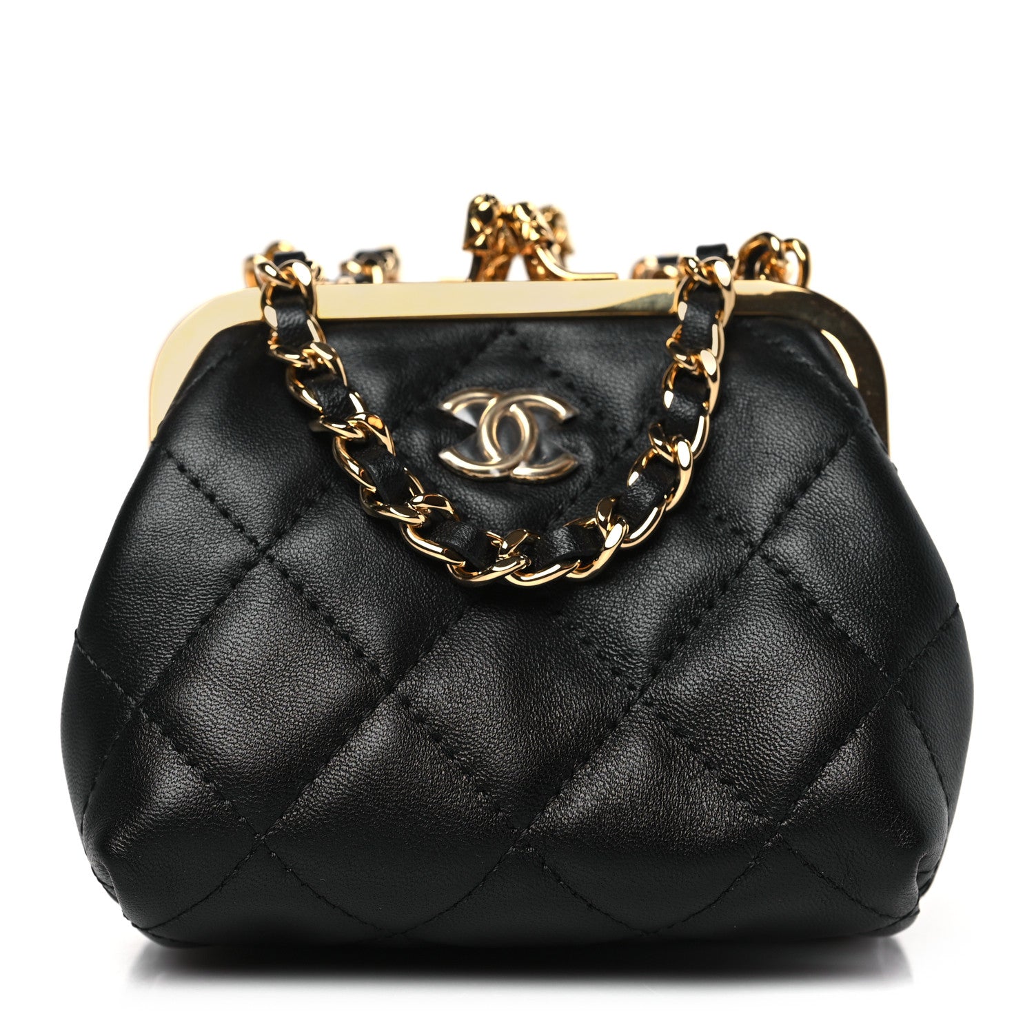 Chanel Lambskin Quilted Trio Kiss Lock Clutch With Chain Black
