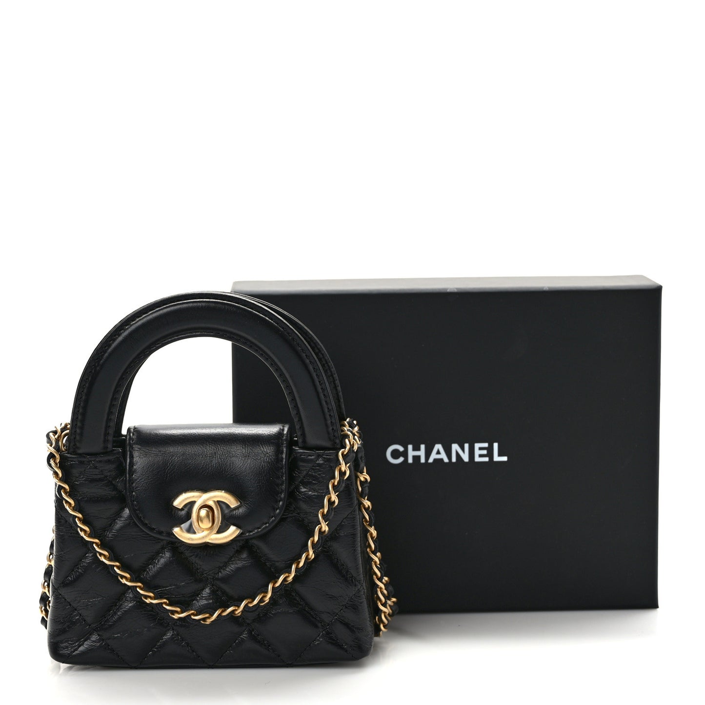 Shiny Aged Calfskin Quilted Mini Nano Kelly Shopper Black