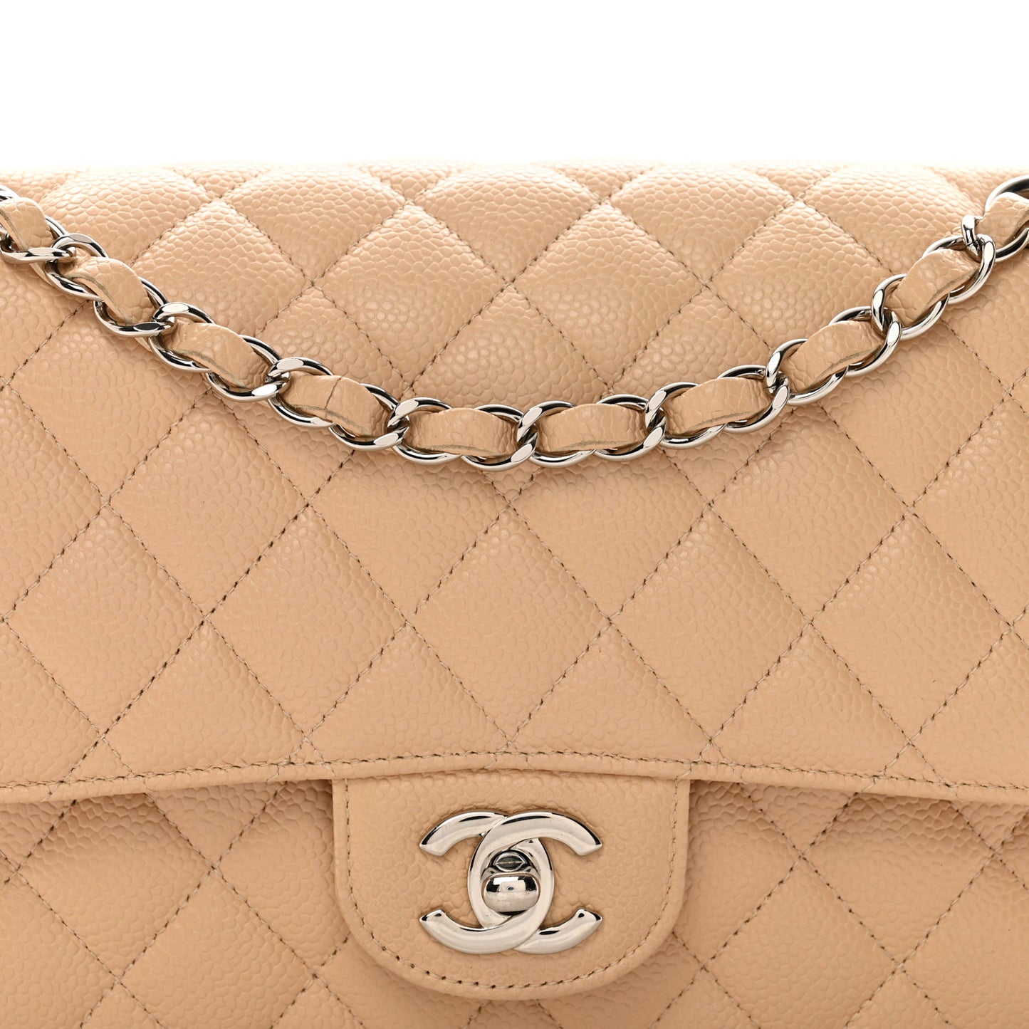 Caviar Quilted Medium Double Flap Beige
