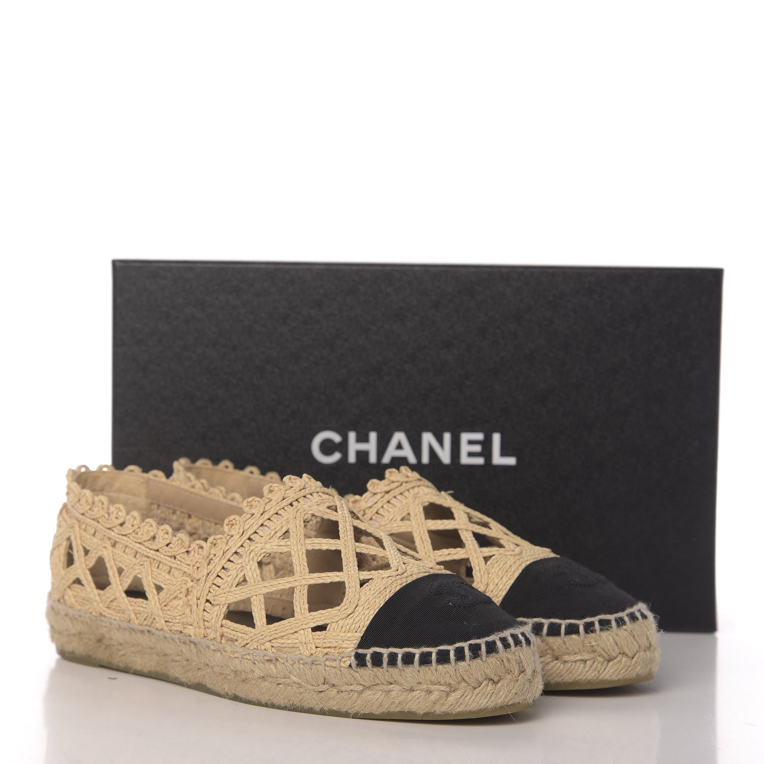 Chanel Woven Fabric Grosgrain CC Espadrilles 38 Beige Black 8 of 8
