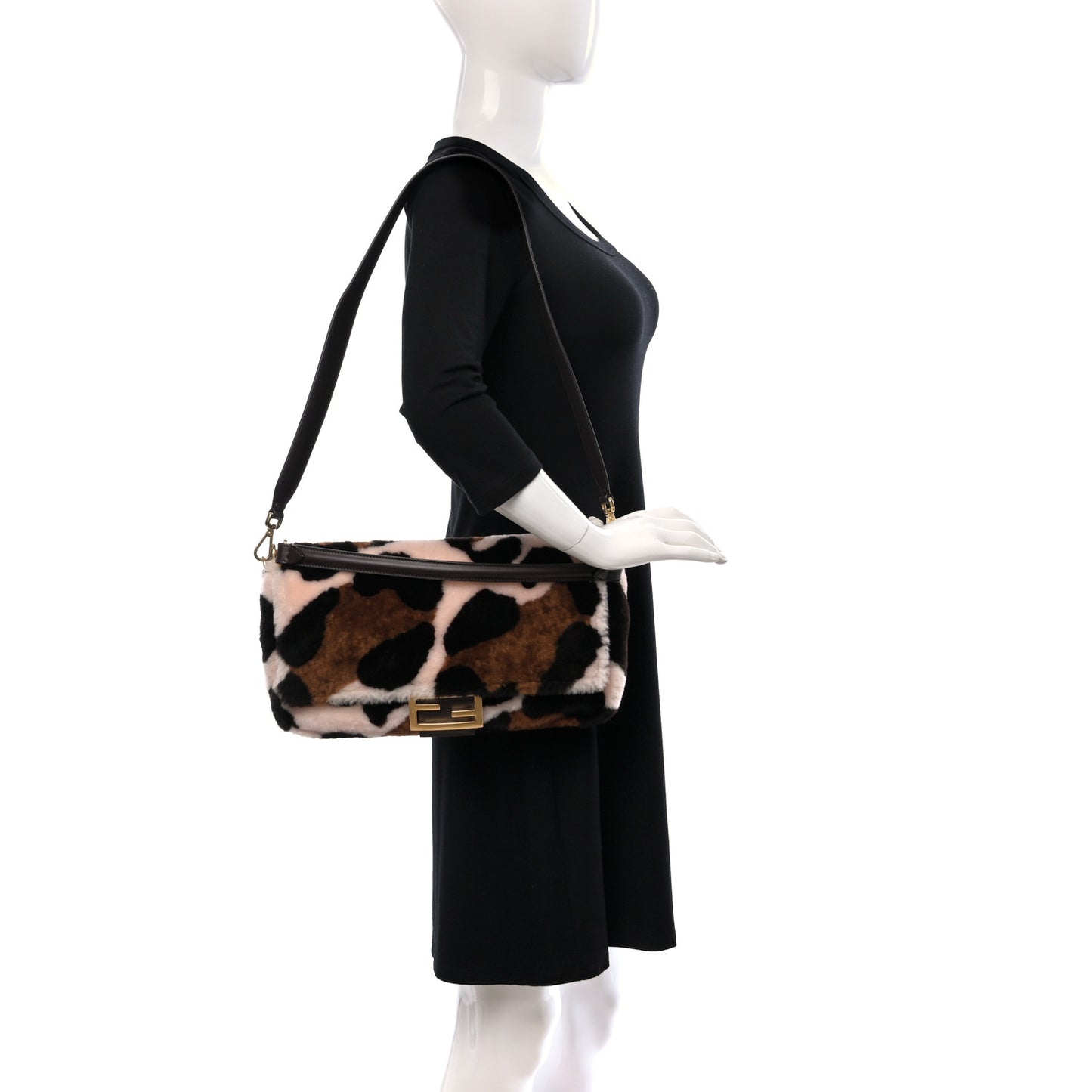 Shearling Vitello Dolce Leopard Print Large Baguette Pink Brown Multicolor