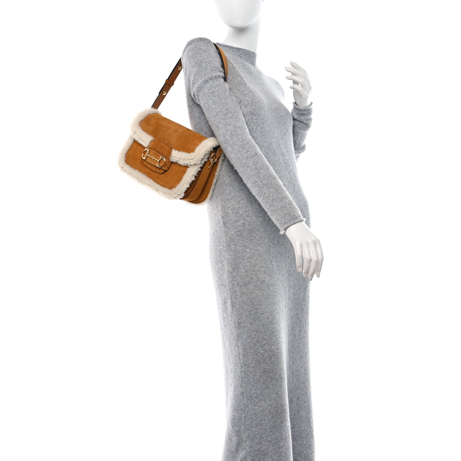 Gucci Suede Shearling Horsebit 1955 Shoulder Bag Brown Sugar 2 of 11