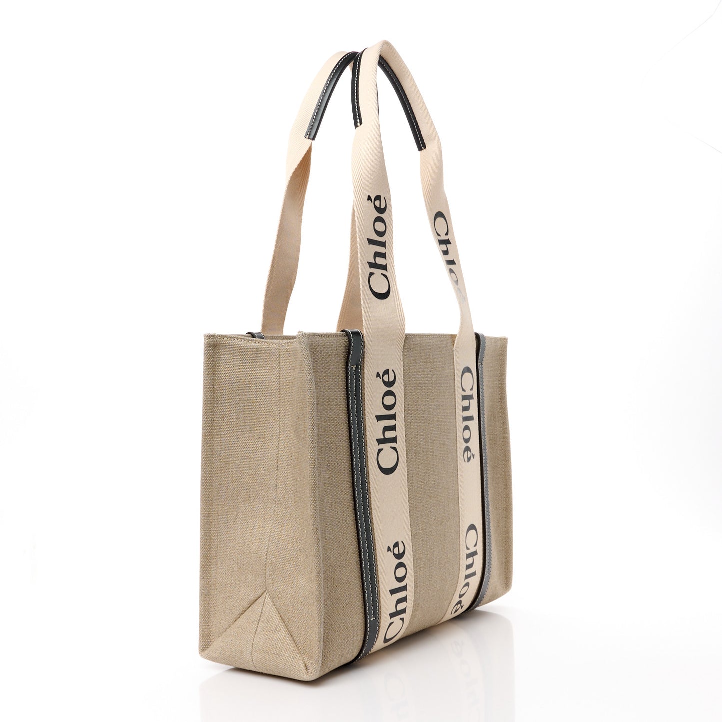 Linen Calfskin Medium Woody Ribbon Tote White Black